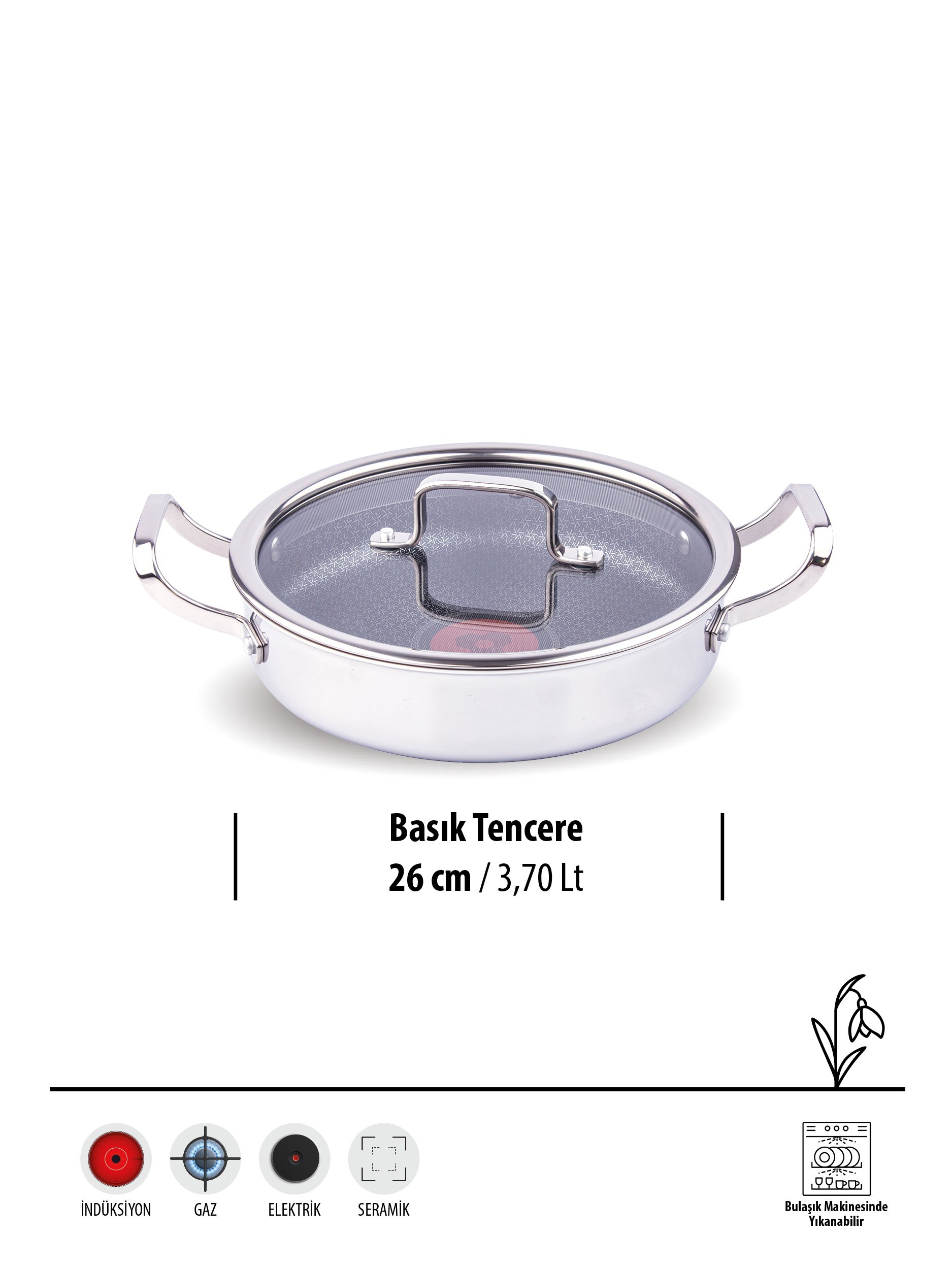 PLATİN PRO | ÇİZİLMEZ | 26CM BASIK TENCERE | İNDÜKSİYON UYUMLU | YANMAZ YAPIŞMAZ