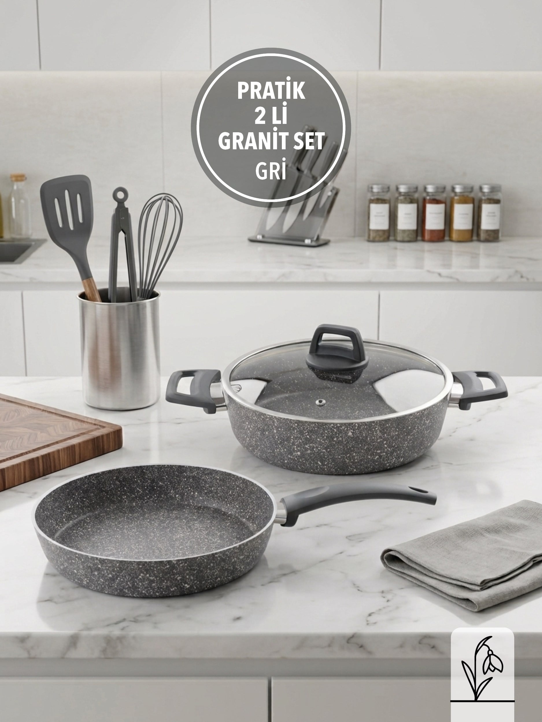 PRATİK GRİ 2'Lİ GRANİT SET | YANMAZ YAPIŞMAZ YÜZEY | 26 CM |