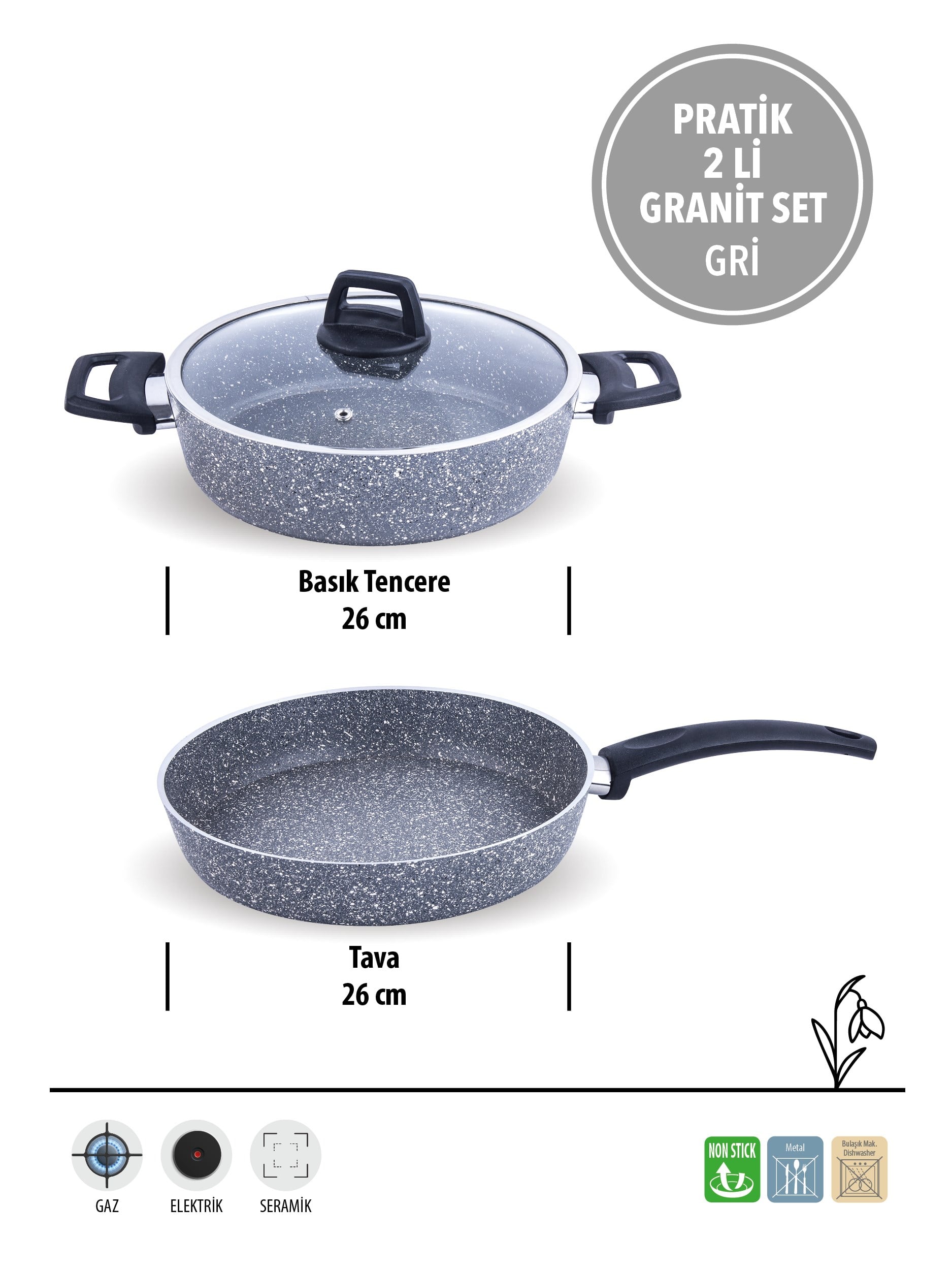 PRATİK GRİ 2'Lİ GRANİT SET | YANMAZ YAPIŞMAZ YÜZEY | 26 CM |