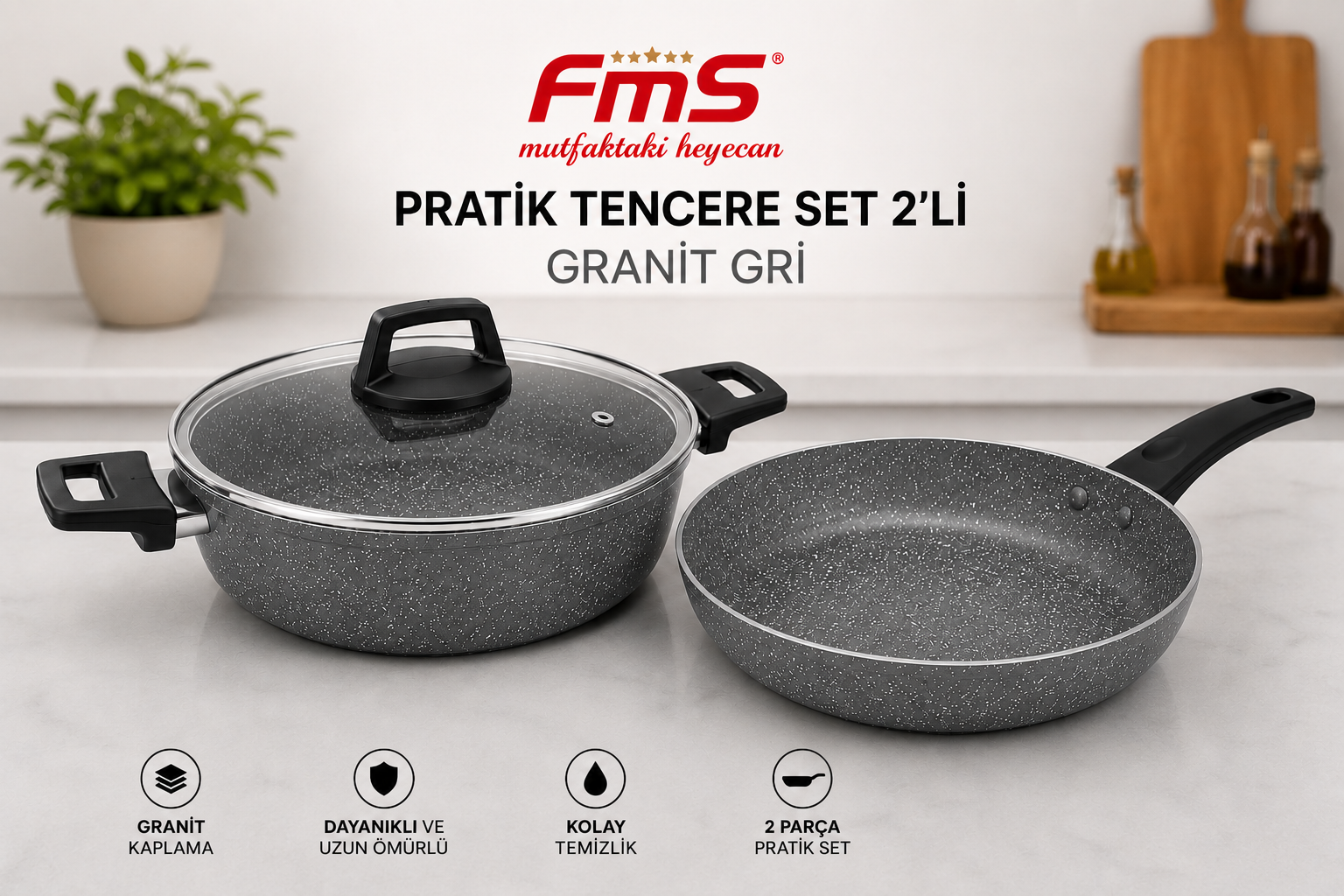 PRATİK GRİ 2'Lİ GRANİT TENCERE SETİ | YANMAZ YAPIŞMAZ YÜZEY | 26 CM |