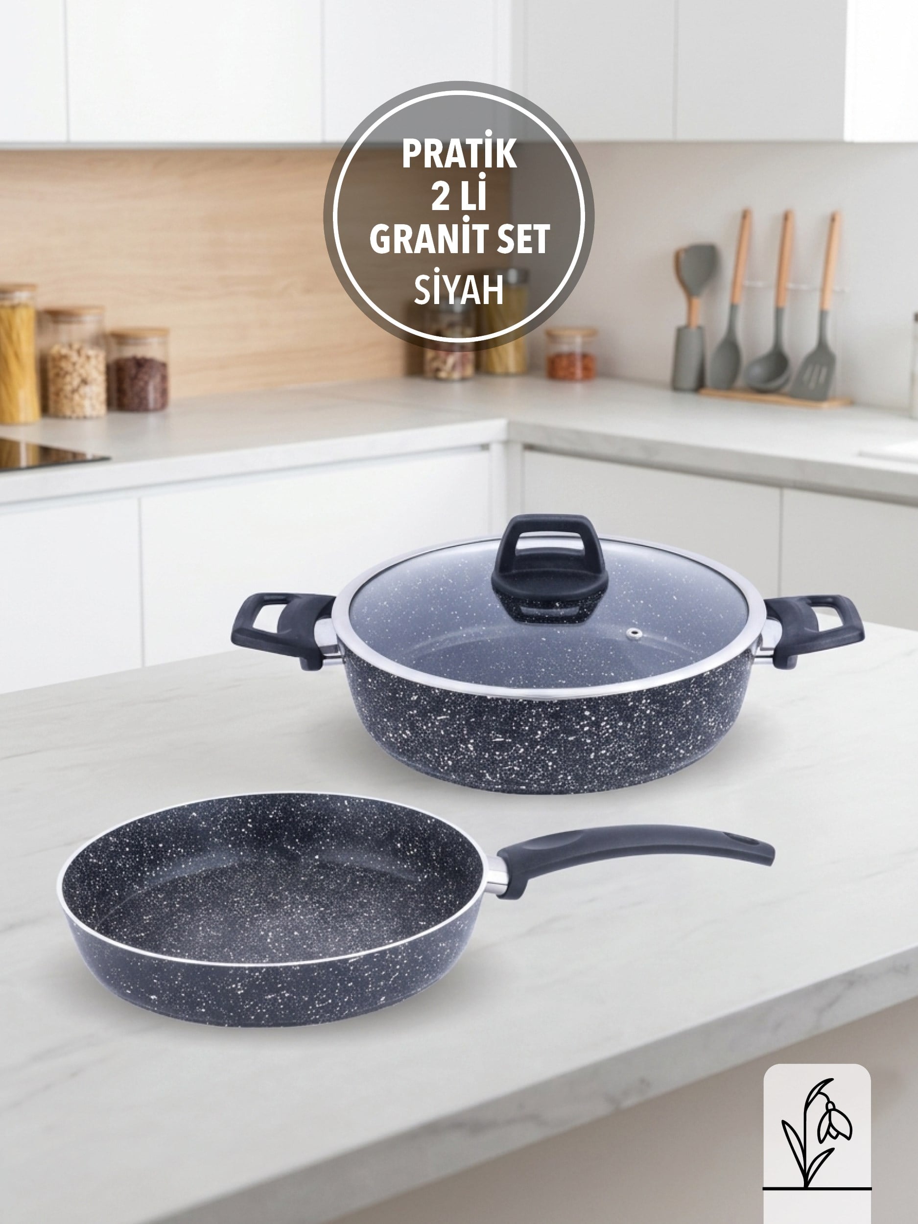 PRATİK SİYAH 2'Lİ GRANİT SET | YANMAZ YAPIŞMAZ YÜZEY | 26 CM |