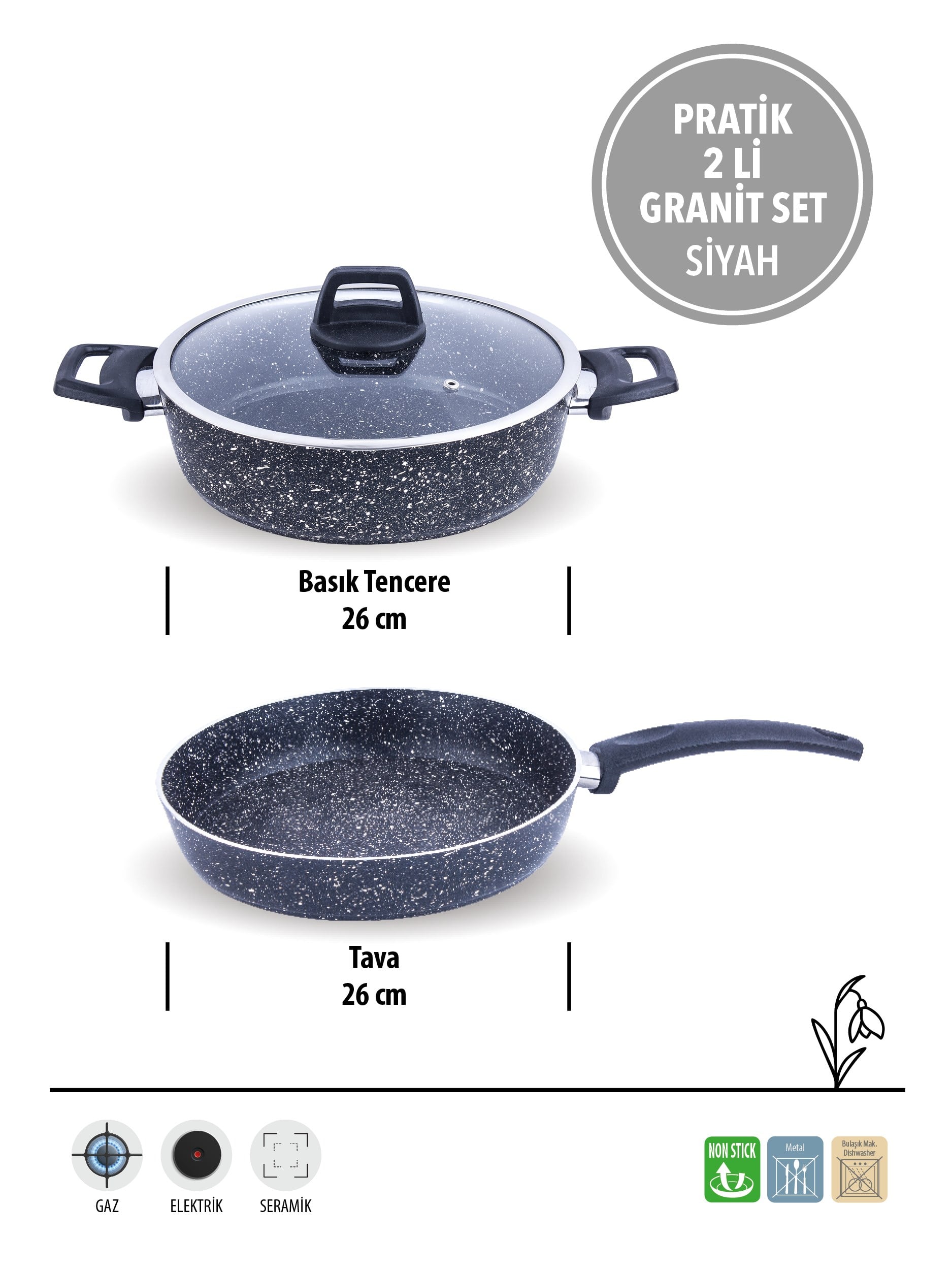 PRATİK SİYAH 2'Lİ GRANİT SET | YANMAZ YAPIŞMAZ YÜZEY | 26 CM |