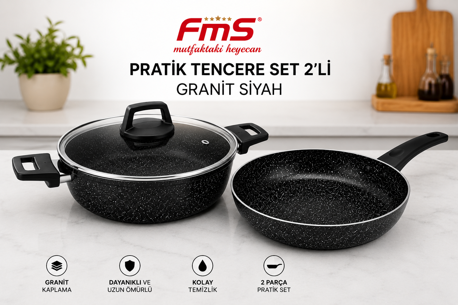 PRATİK SİYAH 2'Lİ GRANİT TENCERE SETİ | YANMAZ YAPIŞMAZ YÜZEY | 26 CM |