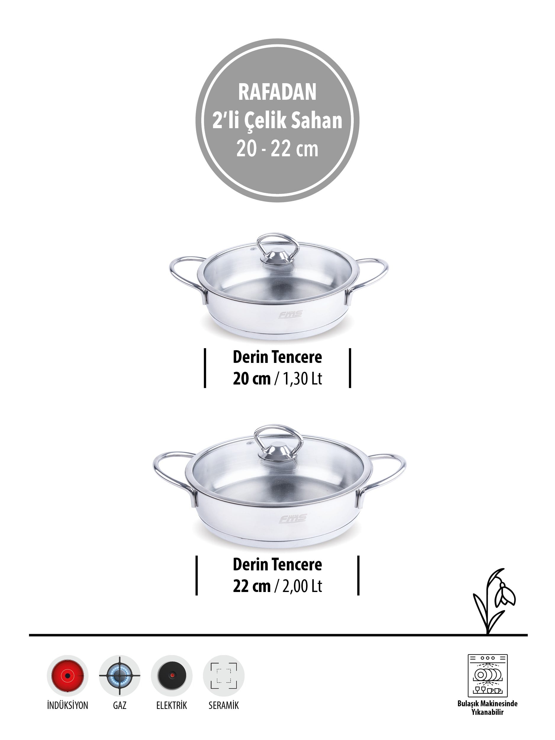 RAFADAN 2'Lİ ÇELİK SAHAN SETİ | 20-22 CM | 18/10 PASLANMAZ ÇELİK | İNDÜKSİYON TABAN |
