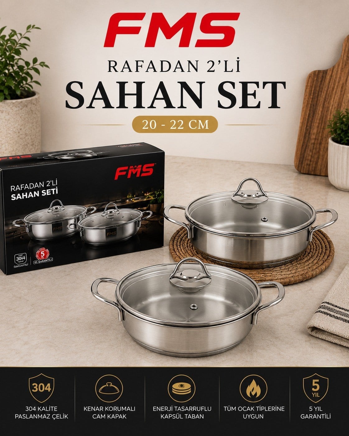 RAFADAN 2'Lİ ÇELİK SAHAN SETİ | 20-22 CM | 18/10 PASLANMAZ ÇELİK | İNDÜKSİYON TABAN |