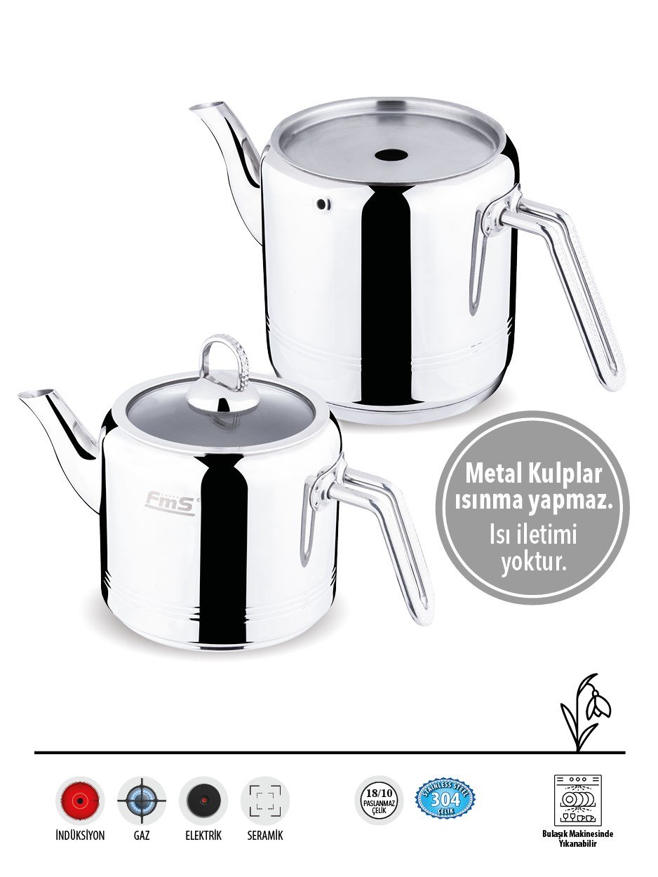 Silindir Elmas Kulp Midi Boy | 18/10 Çelik Çaydanlık | İndüksiyon Taban | 0,6 L + 1 L | 