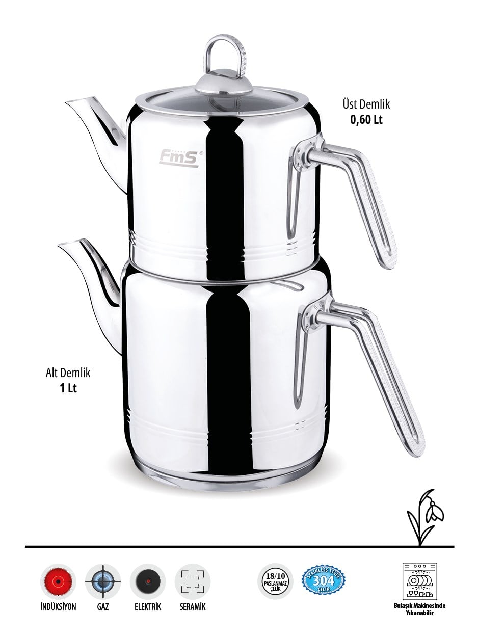 Silindir Elmas Kulp Midi Boy | 18/10 Çelik Çaydanlık | İndüksiyon Taban | 0,6 L + 1 L | 