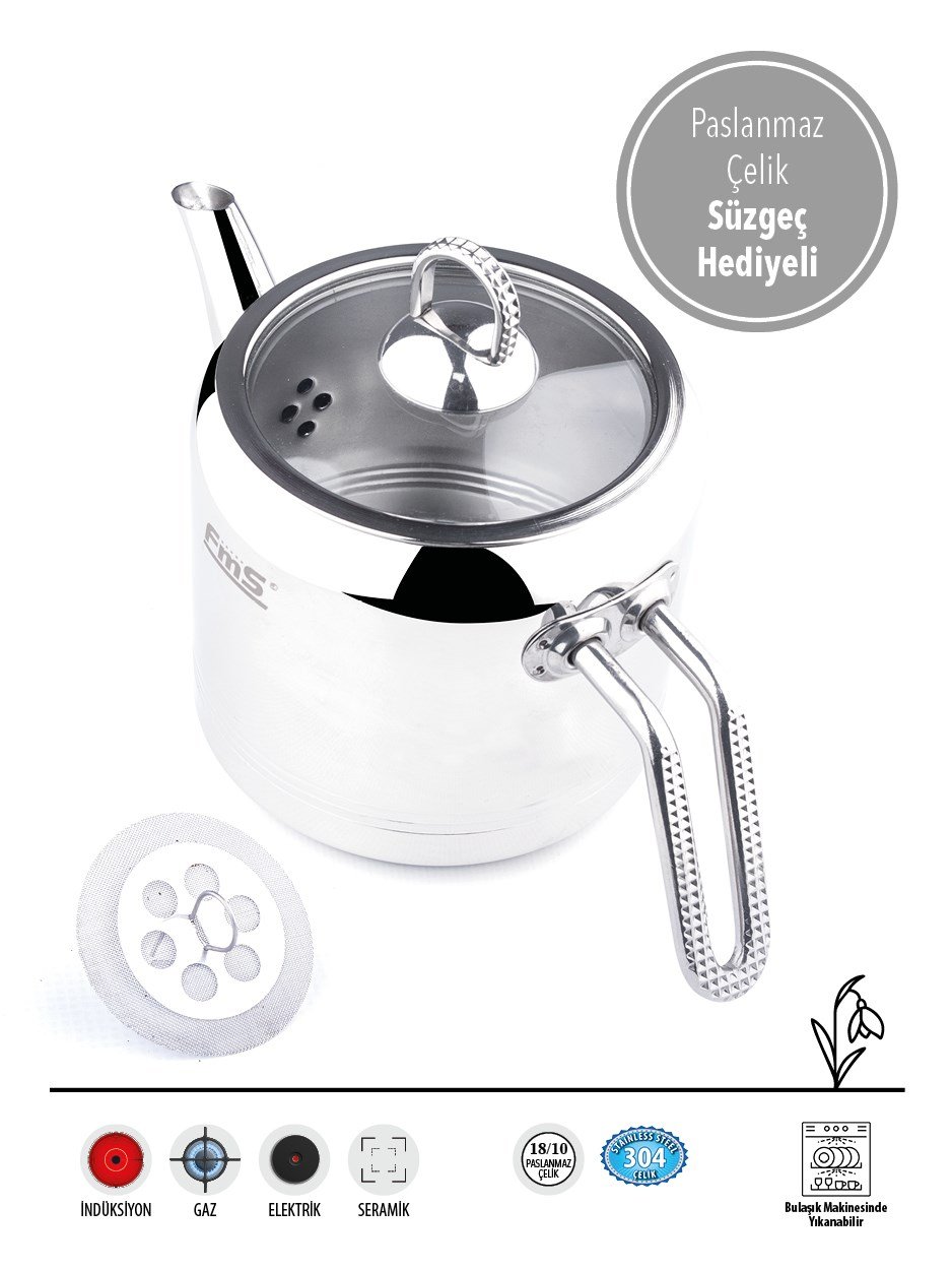 Silindir Elmas Kulp Midi Boy | 18/10 Çelik Çaydanlık | İndüksiyon Taban | 0,6 L + 1 L | 