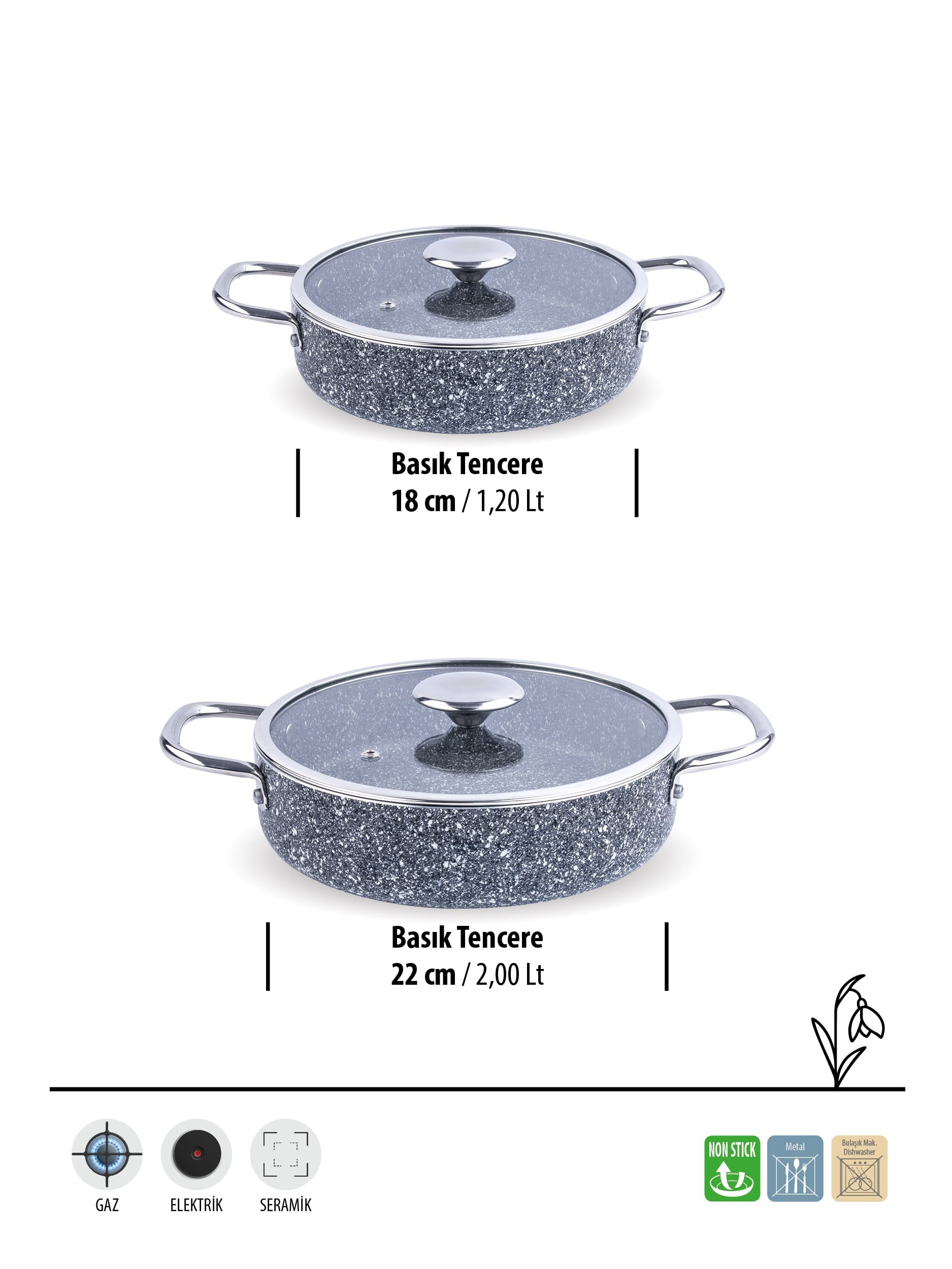 STONE DUO 2'Lİ BASIK SET | 18 CM - 22 CM | YAPIŞMAZ YÜZEY | CAM KAPAKLI |