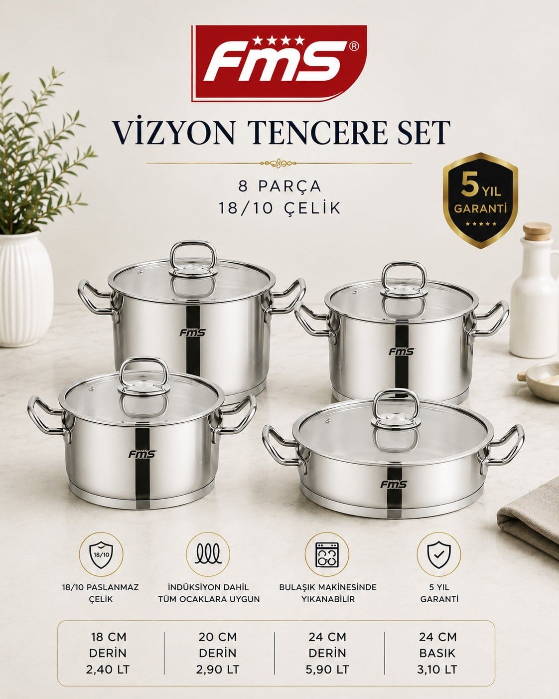Vizyon 8 Parça Tencere Seti Metal Kulp | 18/10 Paslanmaz Çelik | İndüksiyon Taban |