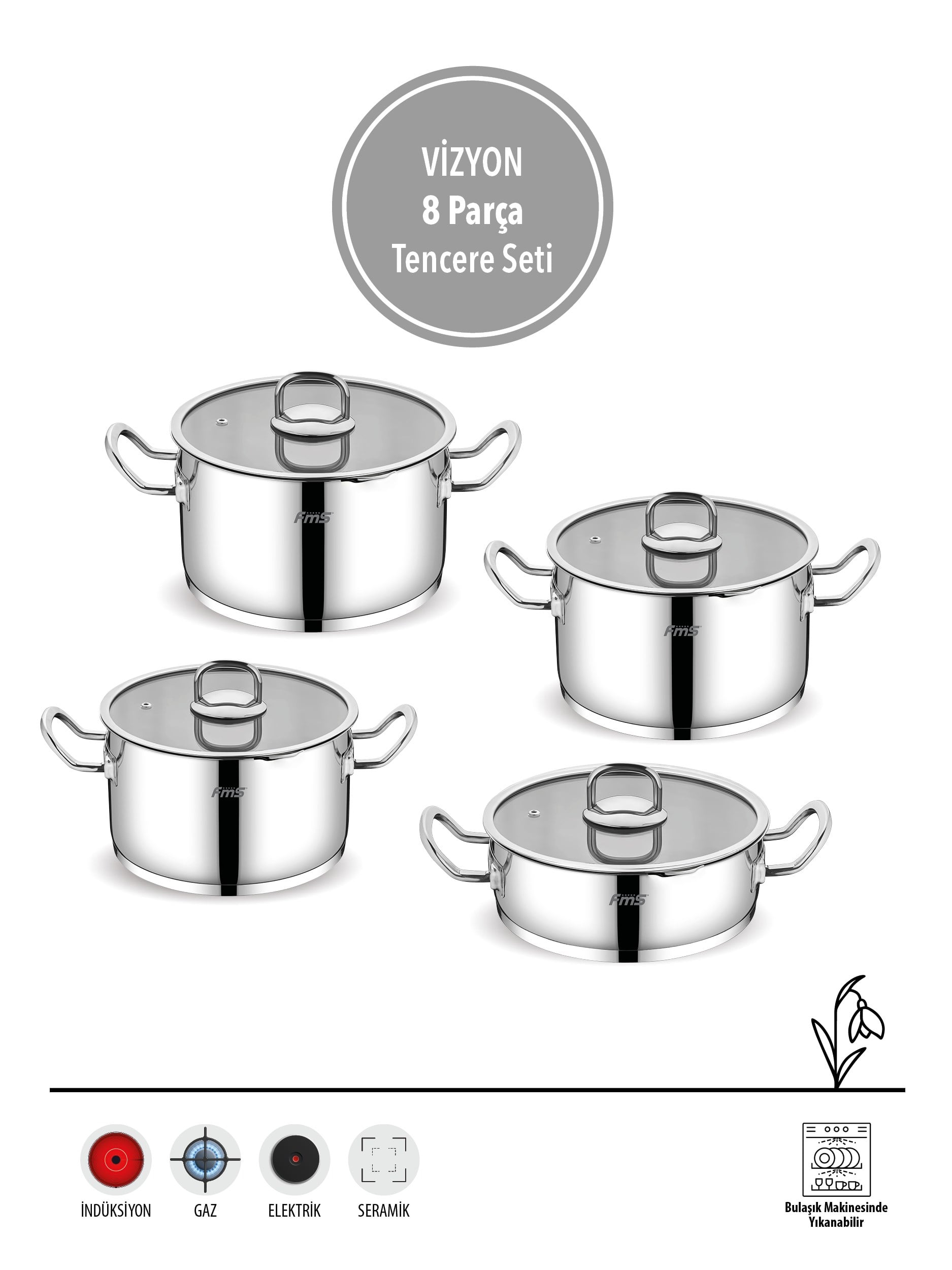 Vizyon 8 Parça Tencere Seti Metal Kulp | 18/10 Paslanmaz Çelik | İndüksiyon Taban |
