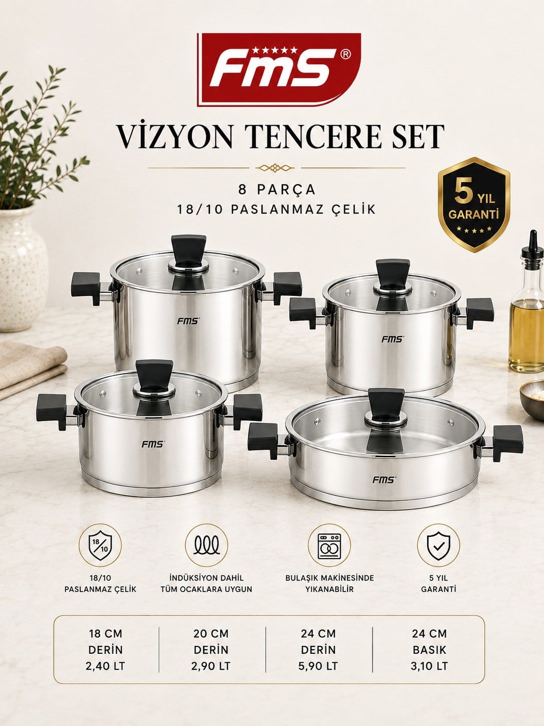 Vizyon 8 Parça Tencere Seti Siyah | 18/10 Paslanmaz Çelik | İndüksiyon Taban |