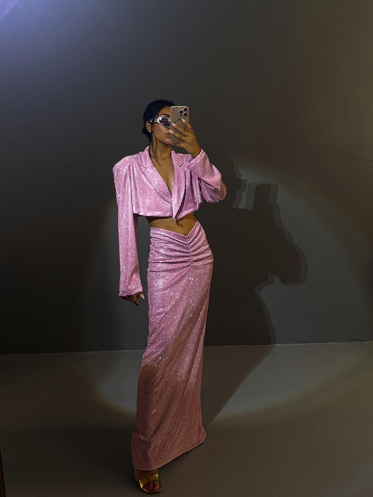 Özel Tasarım Pembe Simli Vatkalı Kısa Ceket