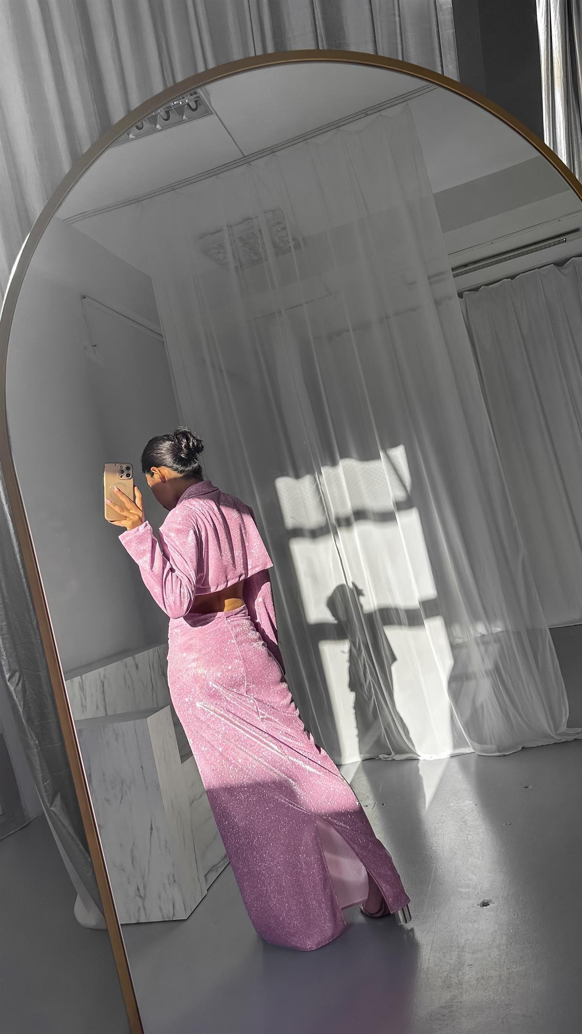 Özel Tasarım Pembe Simli Vatkalı Kısa Ceket