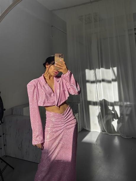 Özel Tasarım Pembe Simli Vatkalı Kısa Ceket