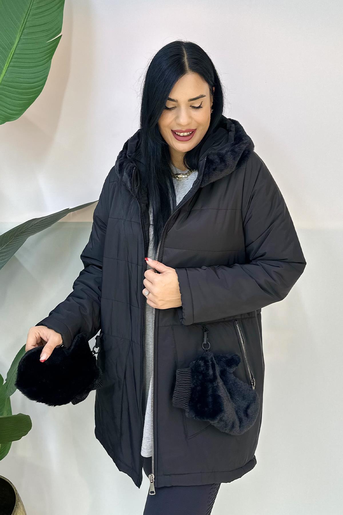 -20 Derece Korumalı Eldivenli Büyük Beden Mont - Siyah