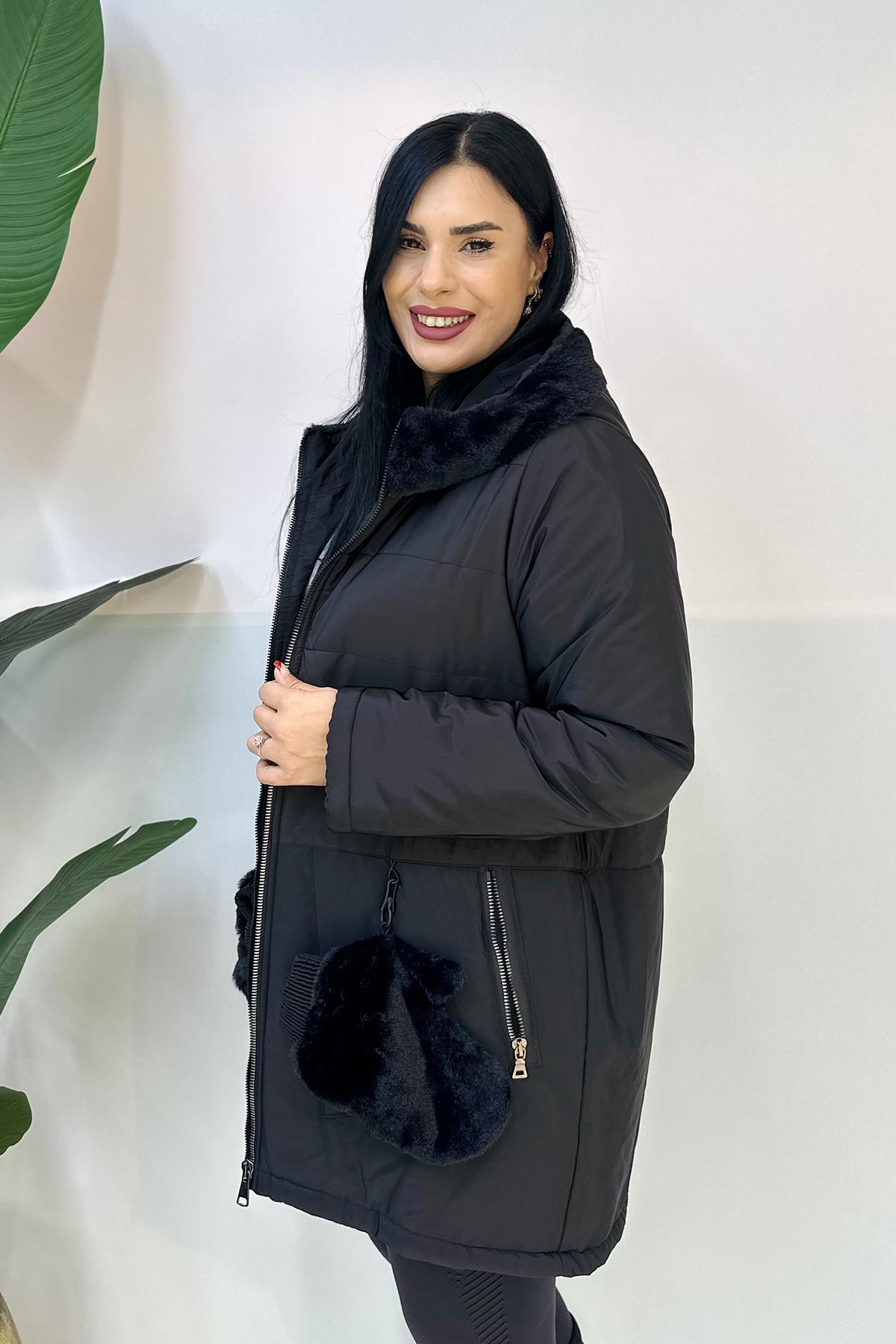 -20 Derece Korumalı Eldivenli Büyük Beden Mont - Siyah