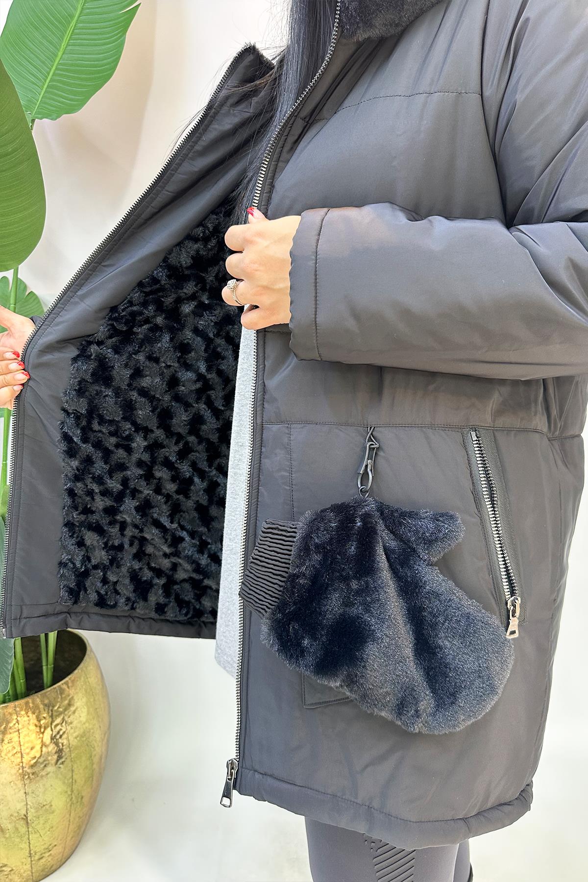 -20 Derece Korumalı Eldivenli Büyük Beden Mont - Siyah