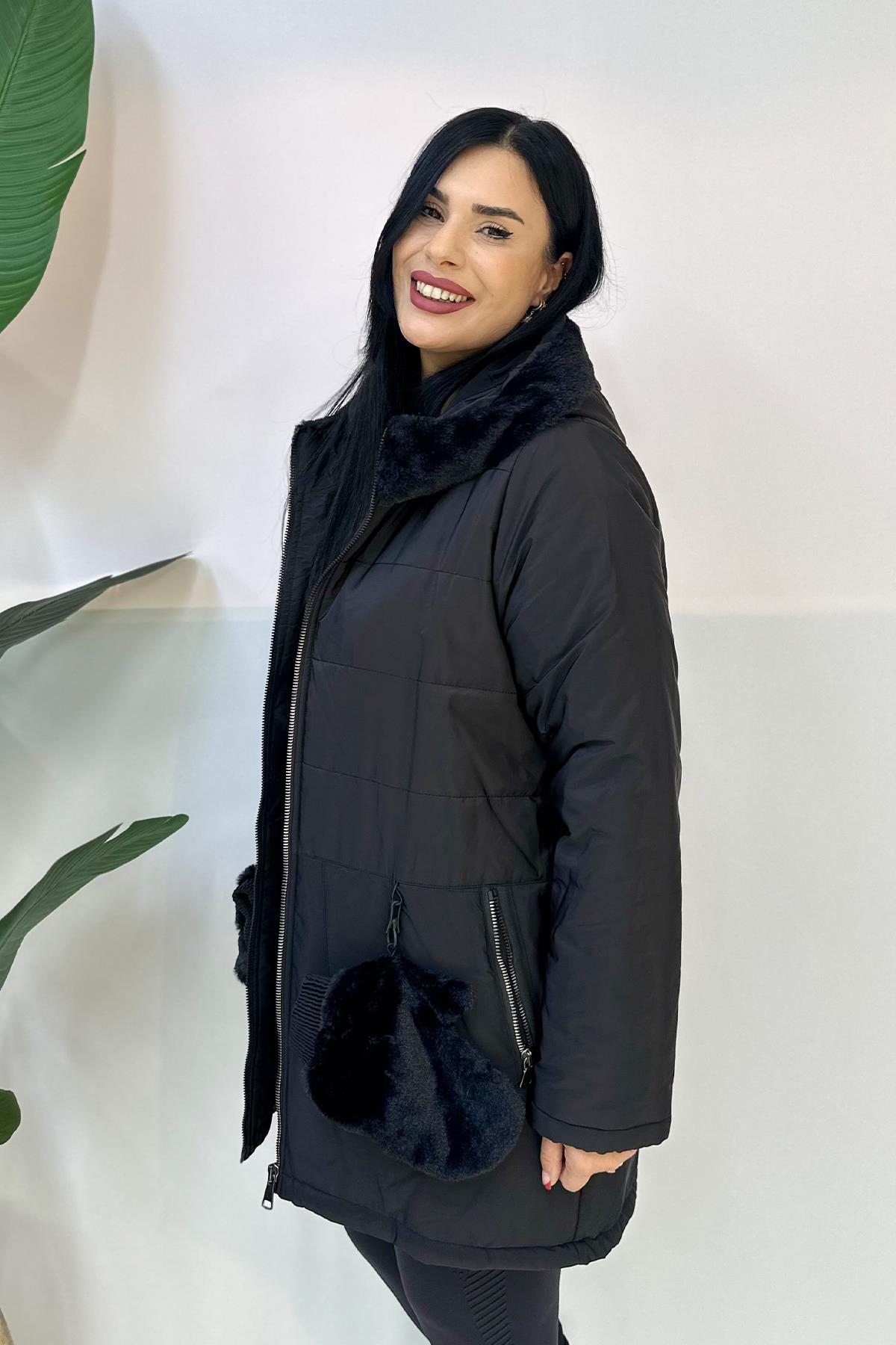 -20 Derece Korumalı Eldivenli Büyük Beden Mont - Siyah