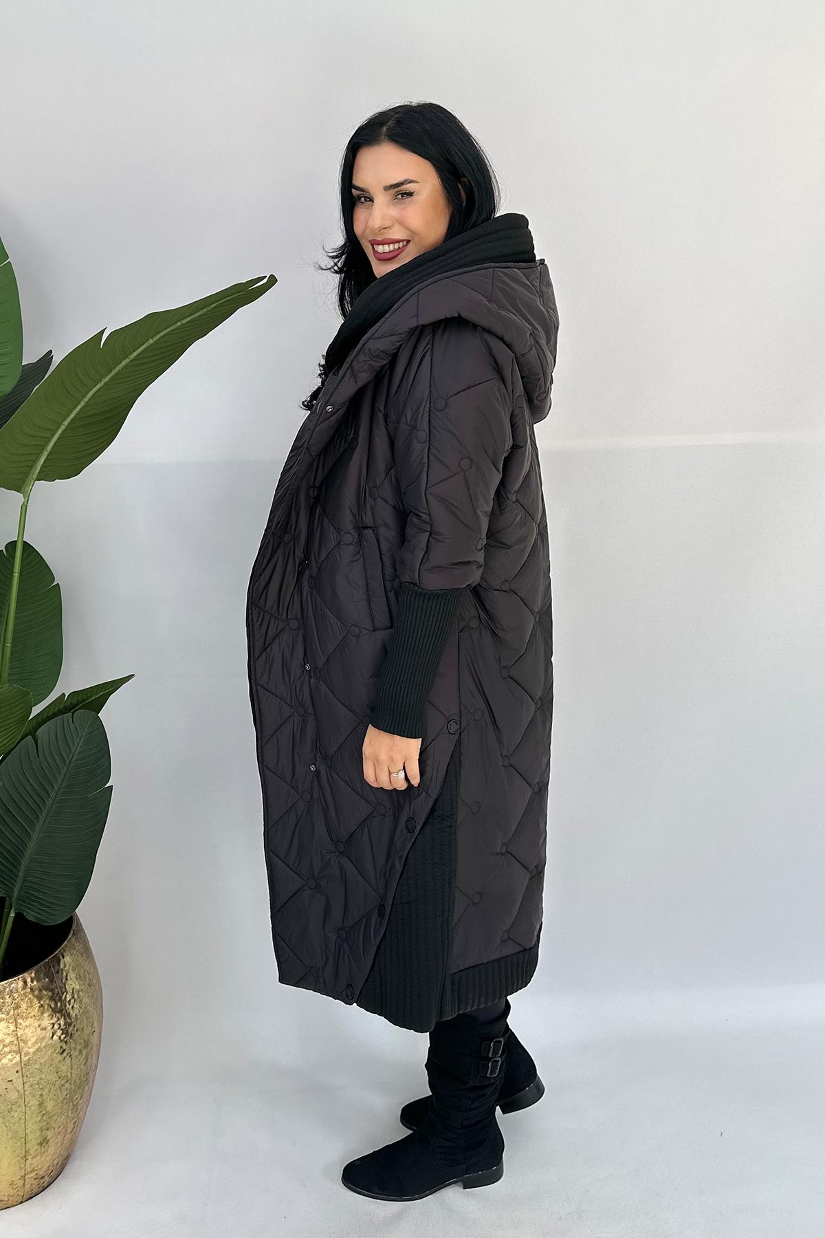 -20 Trikolu Büyük Beden Uzun Mont - Siyah