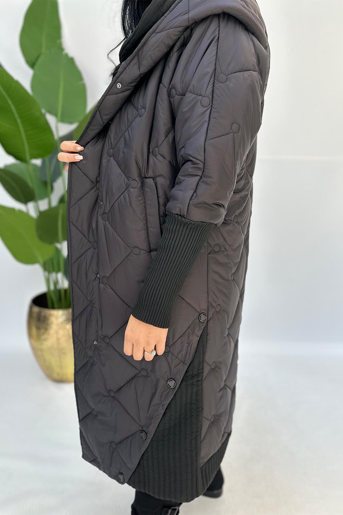 -20 Trikolu Büyük Beden Uzun Mont - Siyah