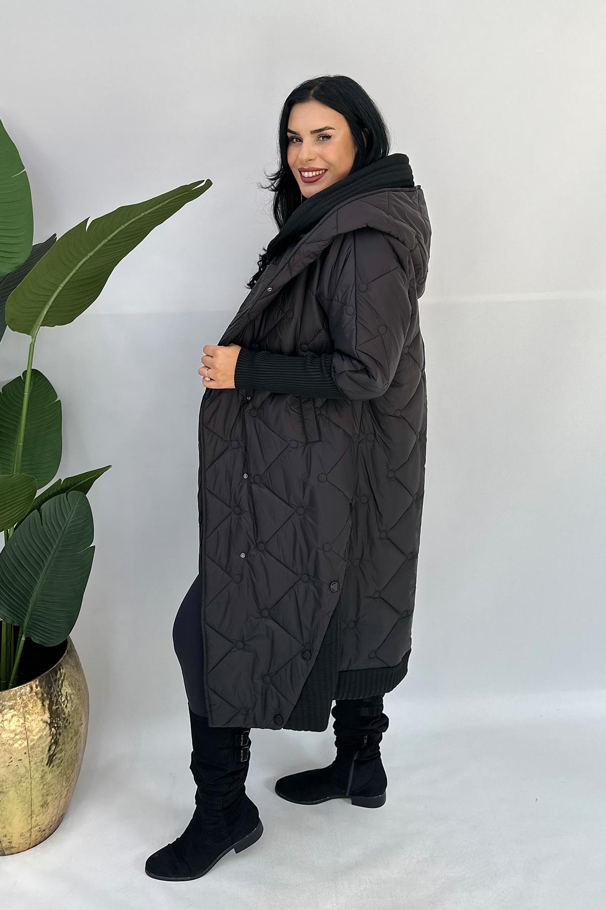 -20 Trikolu Büyük Beden Uzun Mont - Siyah