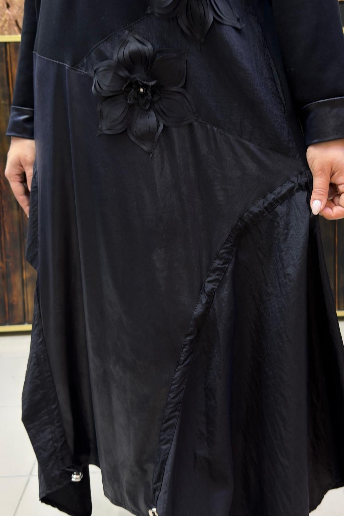 3 BOYUTLU ÇİÇEK DETAYLI MAXİ BÜYÜK BEDEN ELBİSE