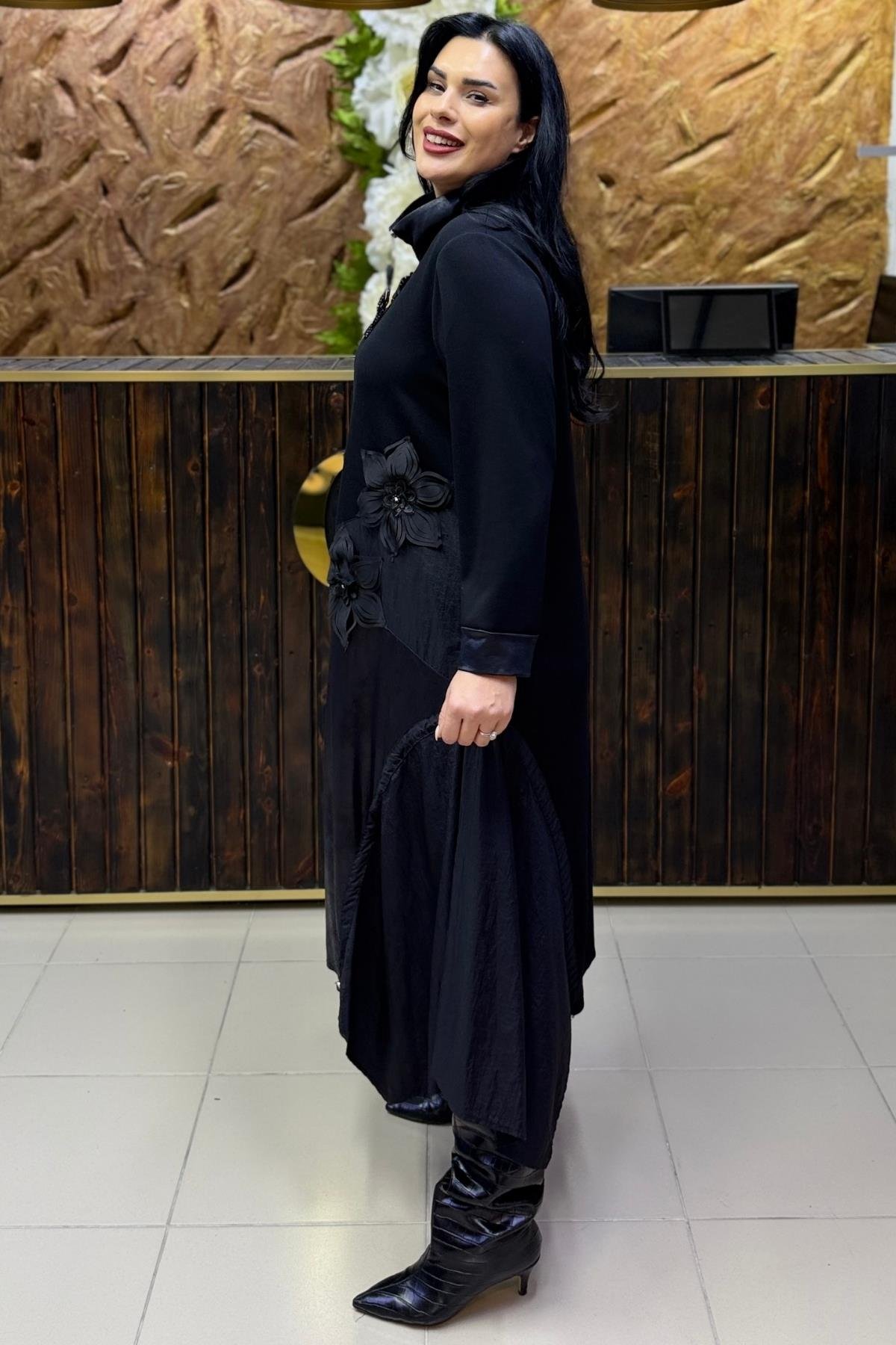 3 BOYUTLU ÇİÇEK DETAYLI MAXİ BÜYÜK BEDEN ELBİSE