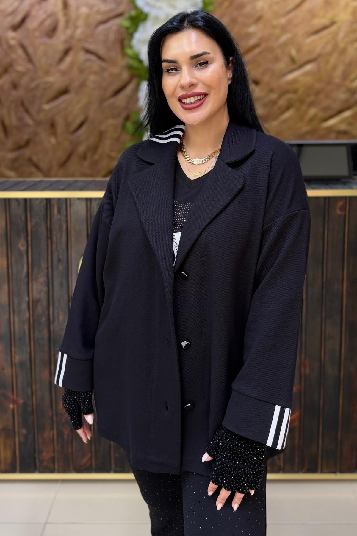 BEYAZ ŞERİTLİ BÜYÜK BEDEN BLAZER CEKET