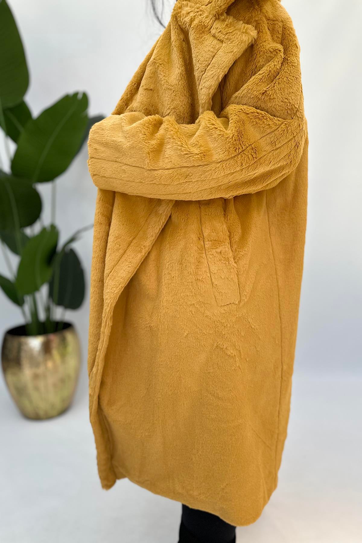 Büyük Beden -20 Peluş Kürk Kaban - Hardal