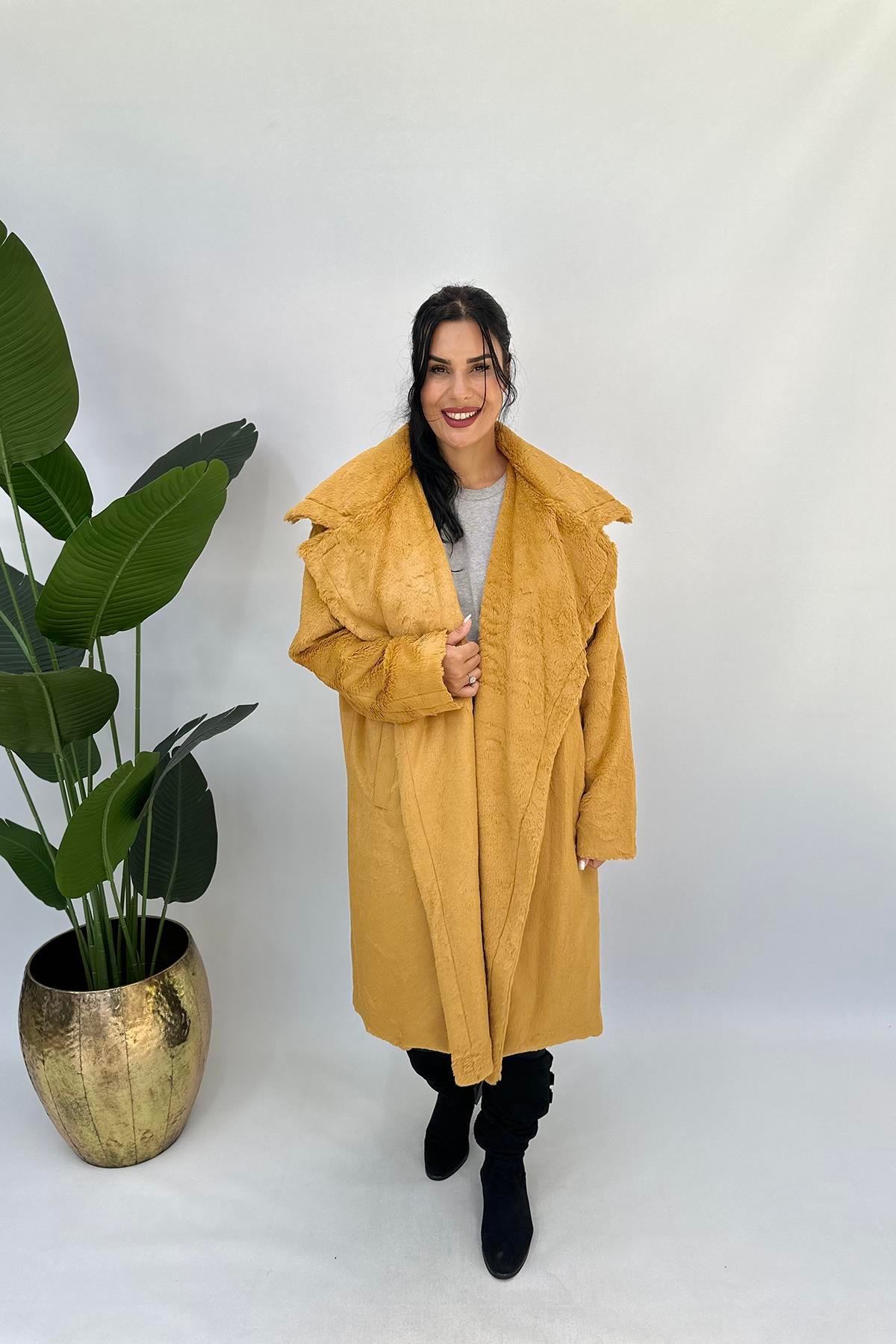 Büyük Beden -20 Peluş Kürk Kaban - Hardal