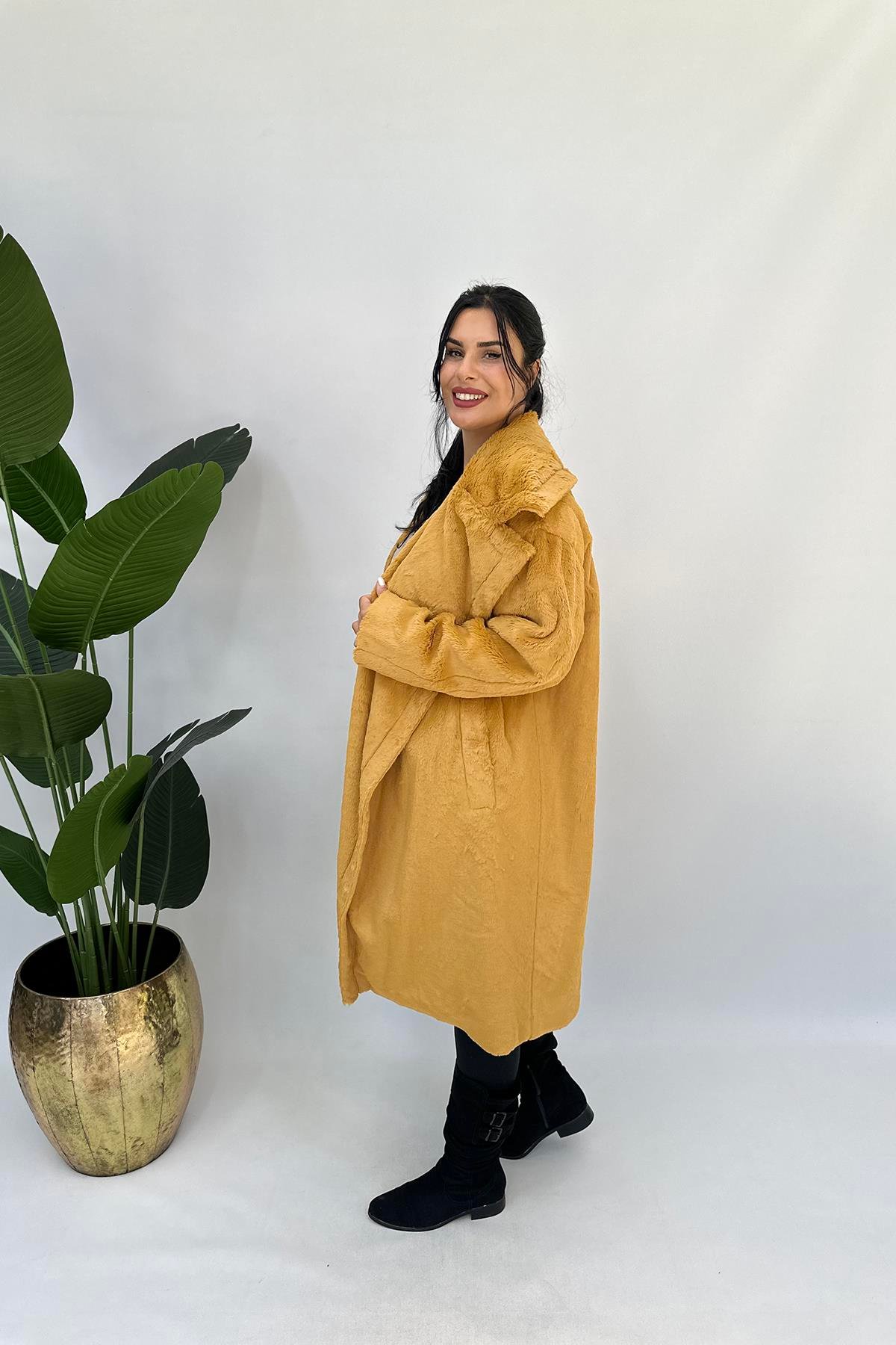 Büyük Beden -20 Peluş Kürk Kaban - Hardal