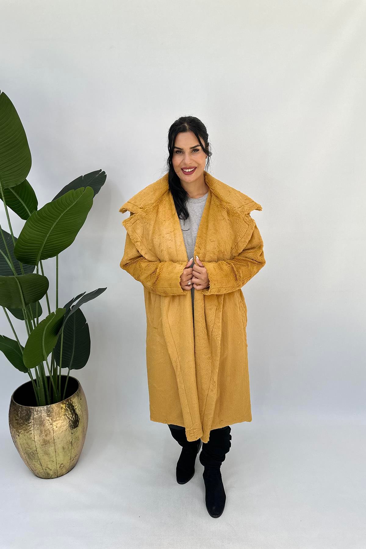 Büyük Beden -20 Peluş Kürk Kaban - Hardal