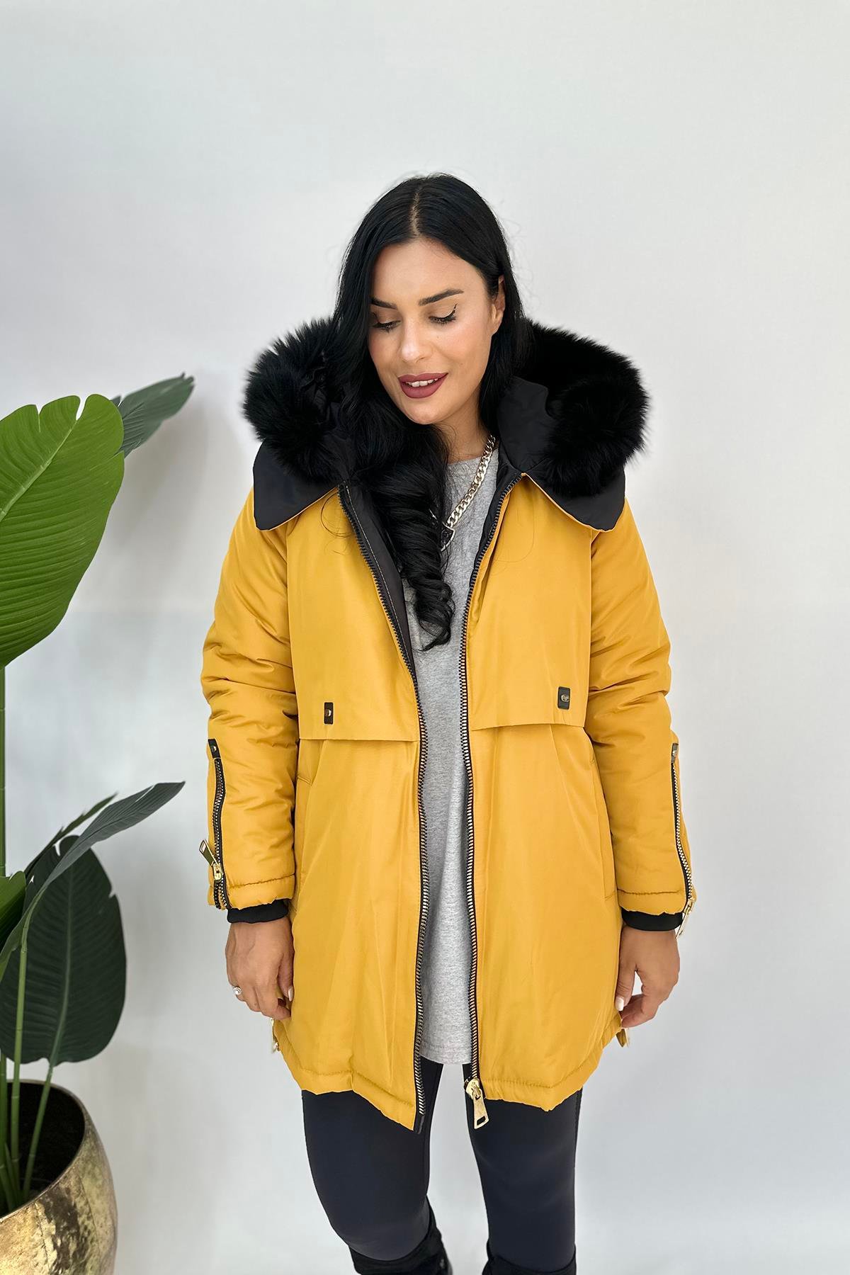 Büyük Beden arma kürklü mont hardal