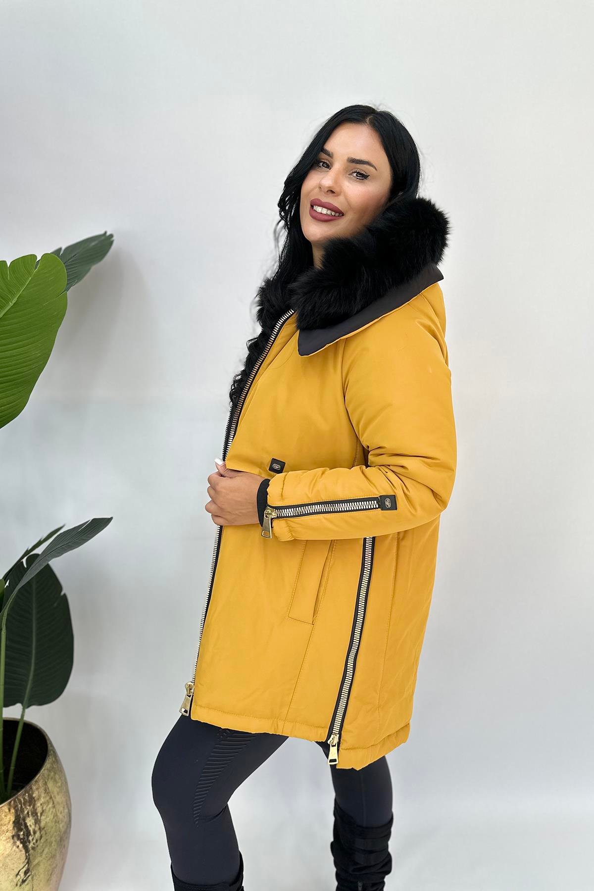 Büyük Beden arma kürklü mont hardal