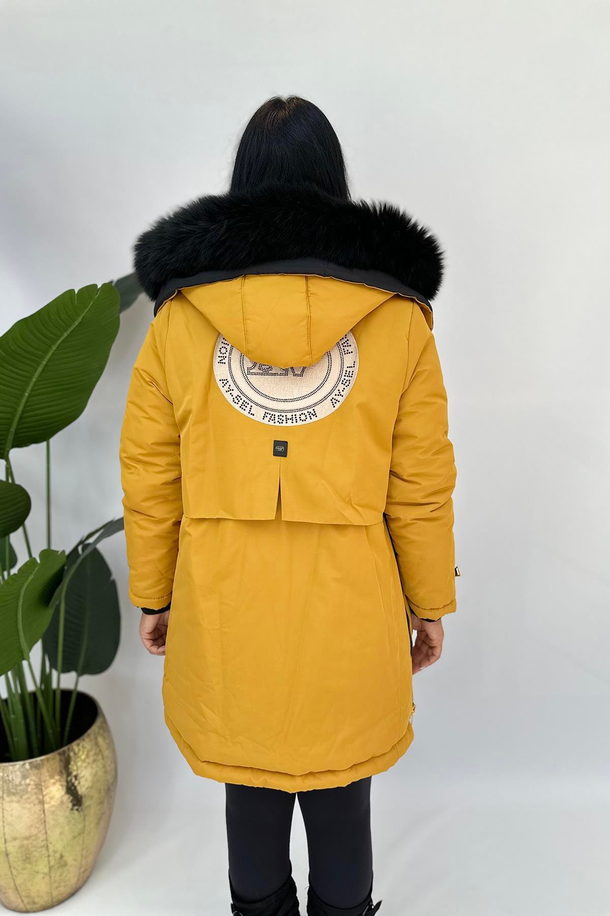 Büyük Beden arma kürklü mont hardal