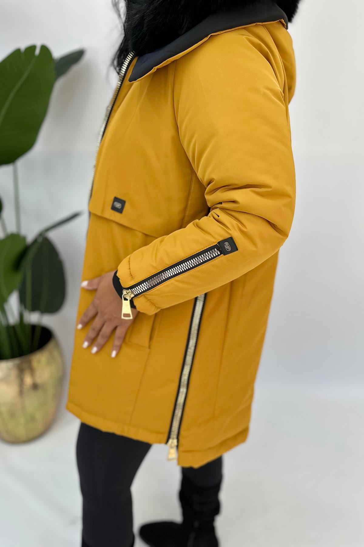 Büyük Beden arma kürklü mont hardal