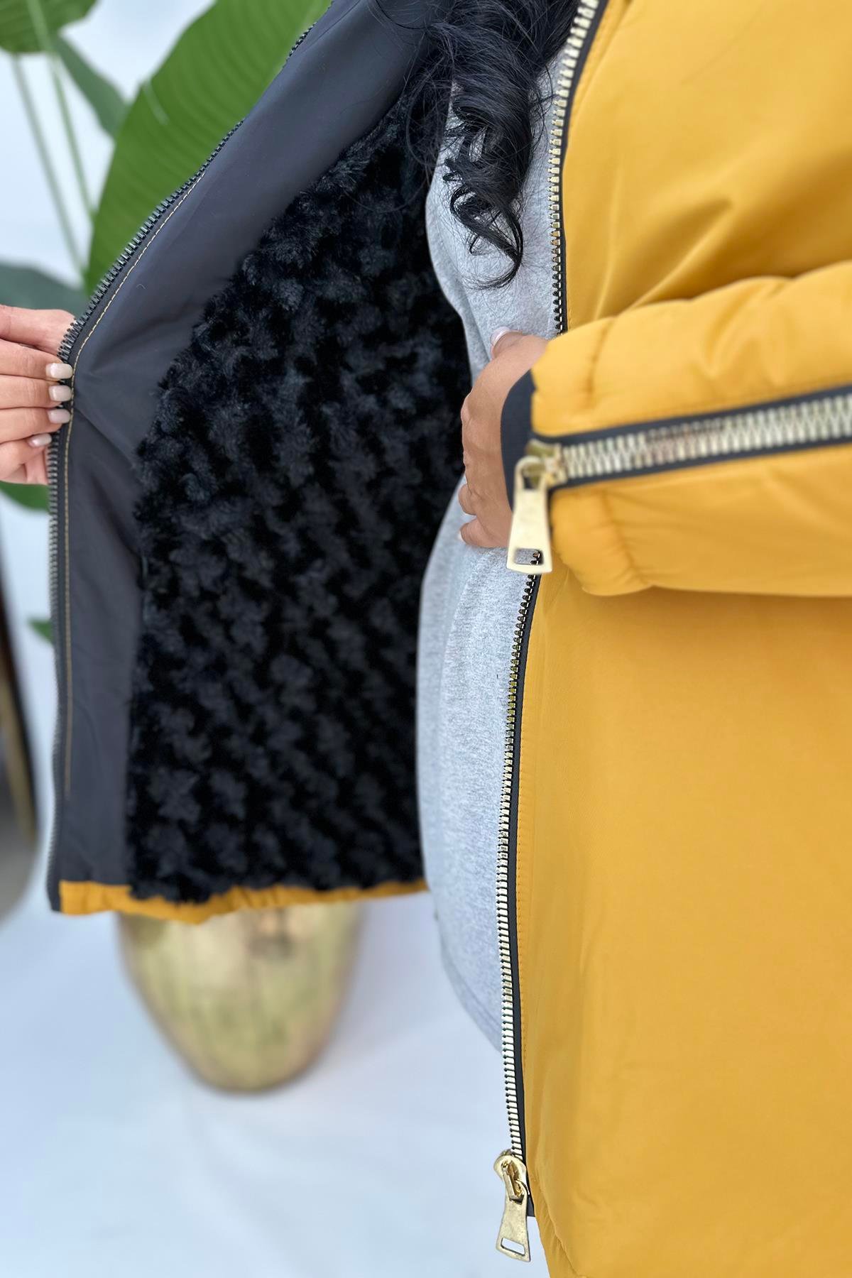 Büyük Beden arma kürklü mont hardal