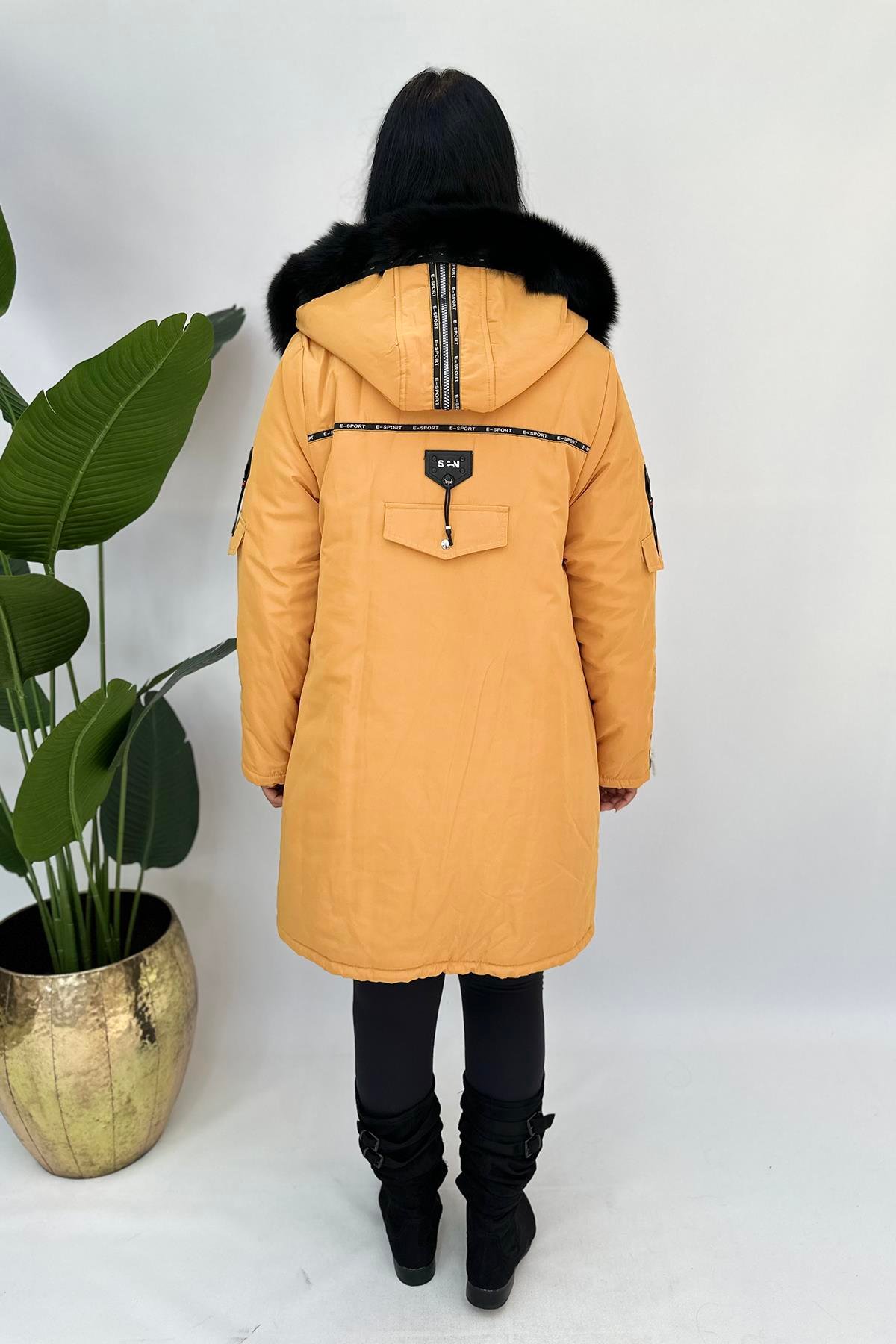 Büyük Beden sprit kürklü mont hardal