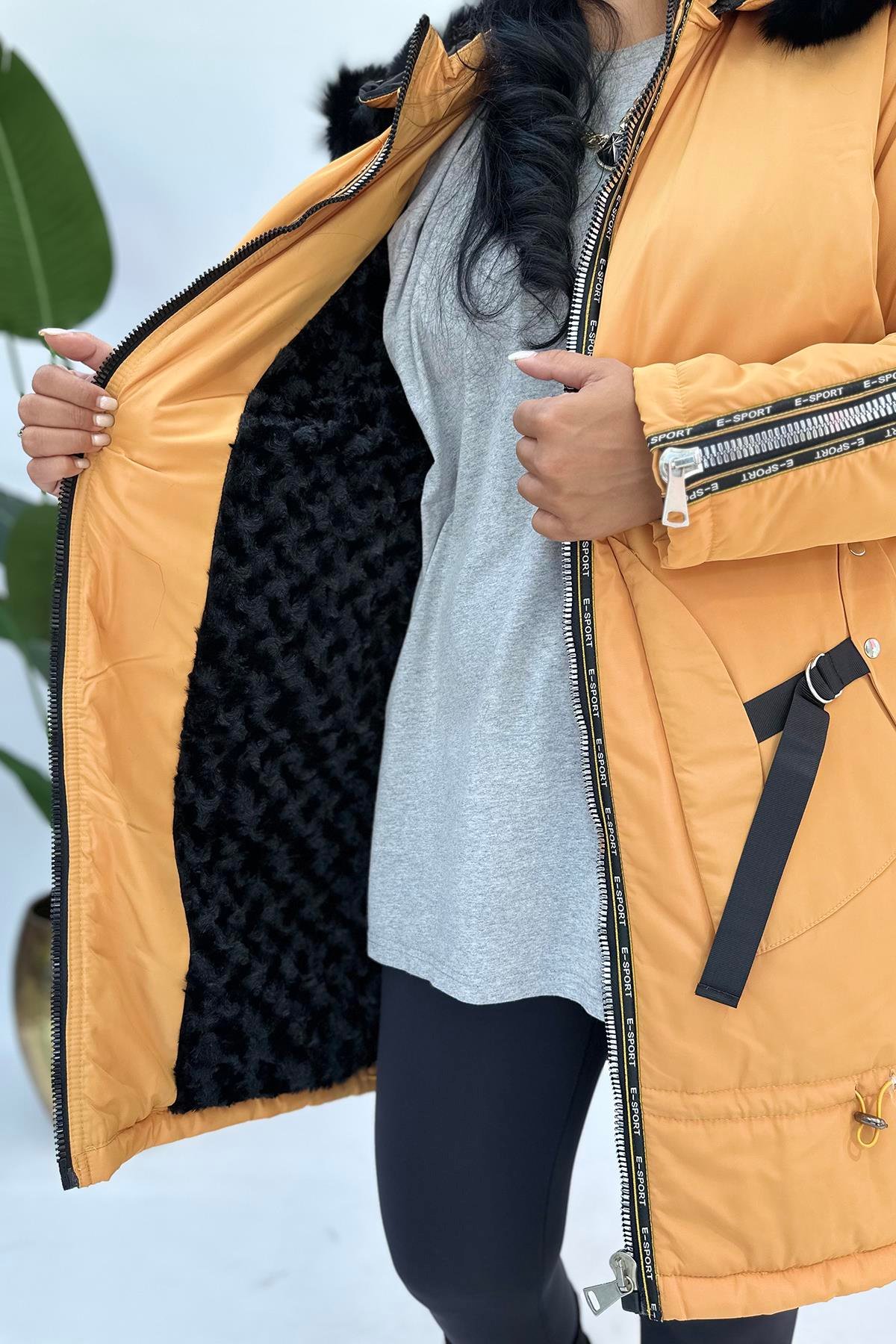 Büyük Beden sprit kürklü mont hardal