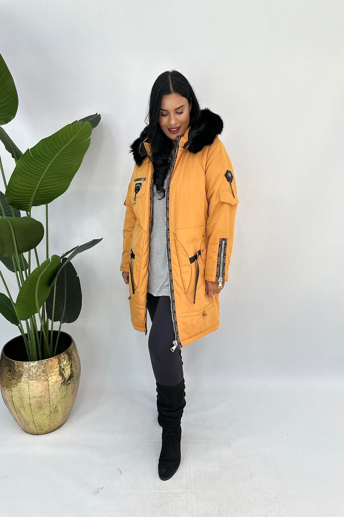 Büyük Beden sprit kürklü mont hardal