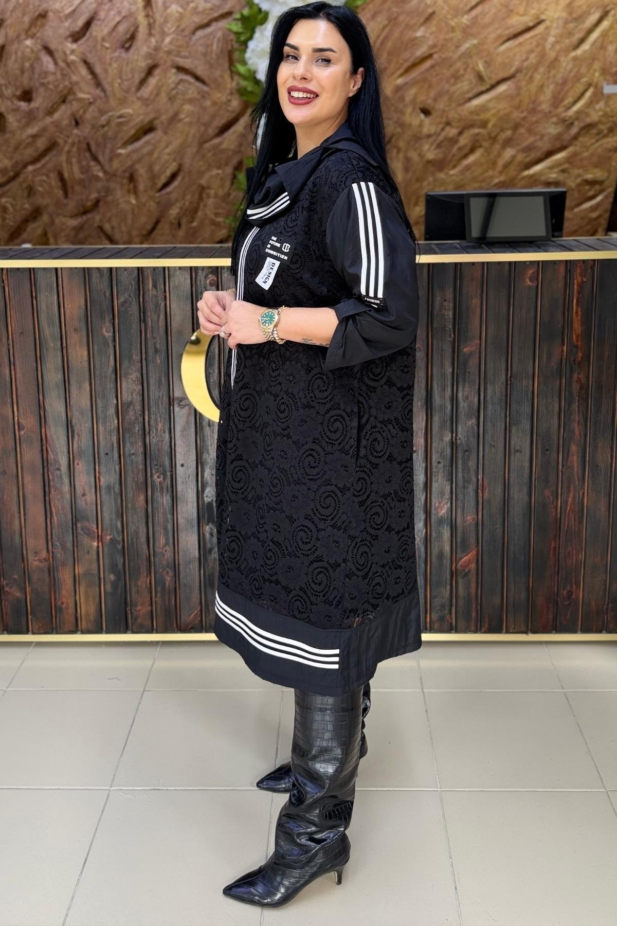 DANTEL BEYAZ ŞERİTLİ BÜYÜK BEDEN ELBİSE