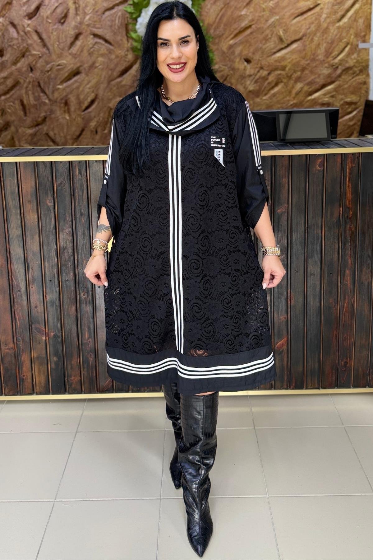 DANTEL BEYAZ ŞERİTLİ BÜYÜK BEDEN ELBİSE