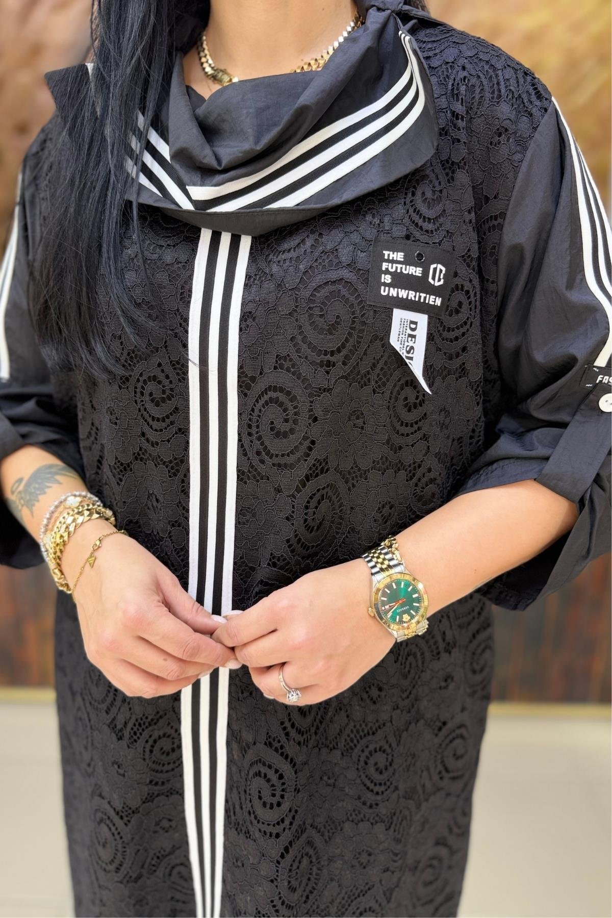 DANTEL BEYAZ ŞERİTLİ BÜYÜK BEDEN ELBİSE