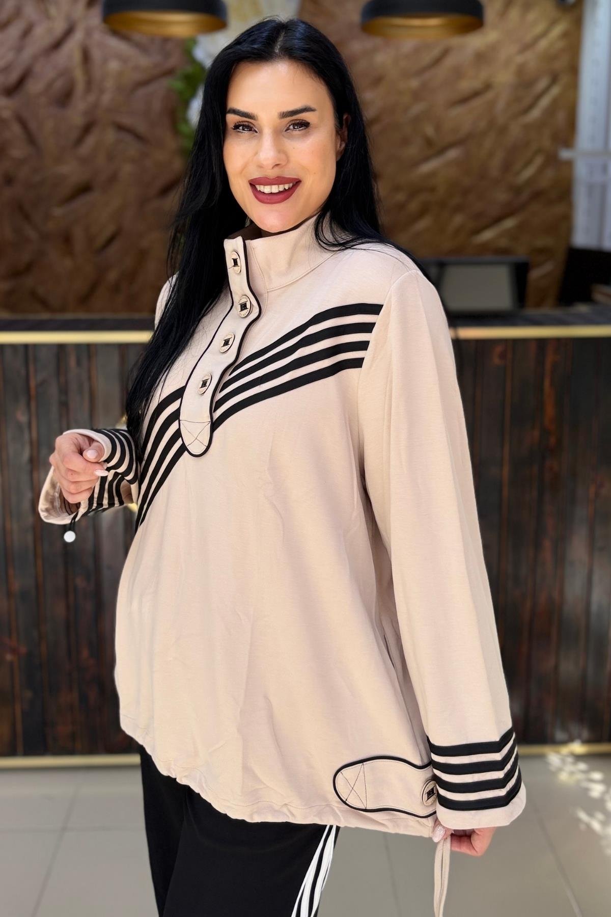 DÜĞME DETAYLI ŞERİTLİ PAMUKLU BAMBU BÜYÜK BEDEN TAKIM