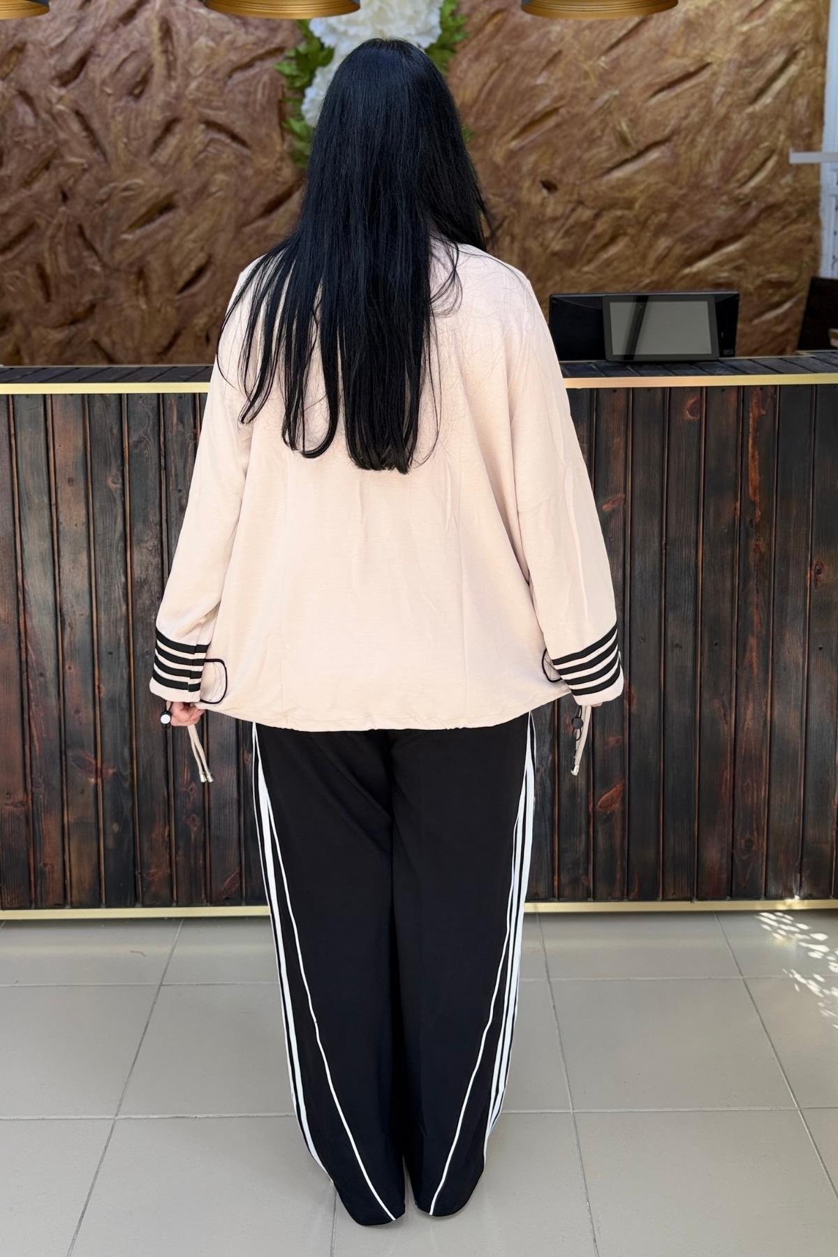 DÜĞME DETAYLI ŞERİTLİ PAMUKLU BAMBU BÜYÜK BEDEN TAKIM