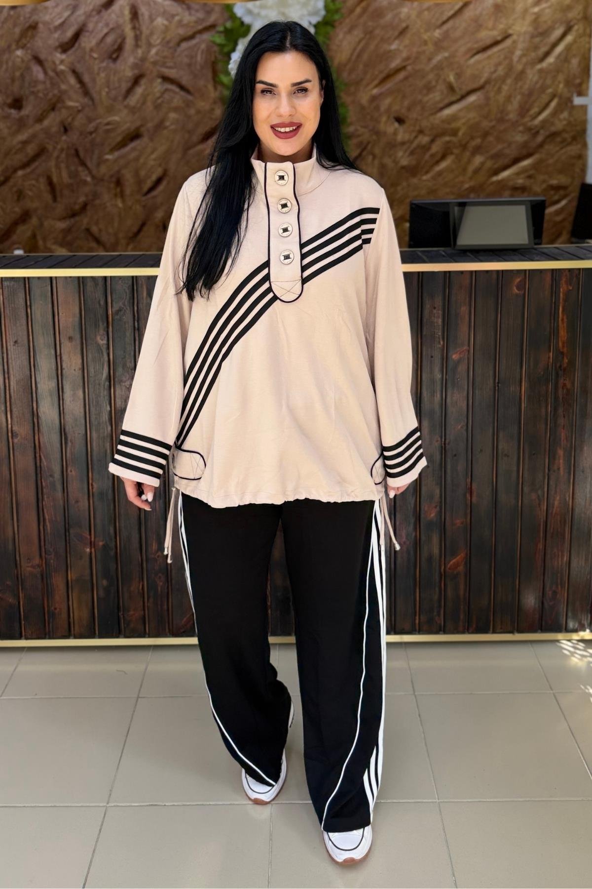 DÜĞME DETAYLI ŞERİTLİ PAMUKLU BAMBU BÜYÜK BEDEN TAKIM