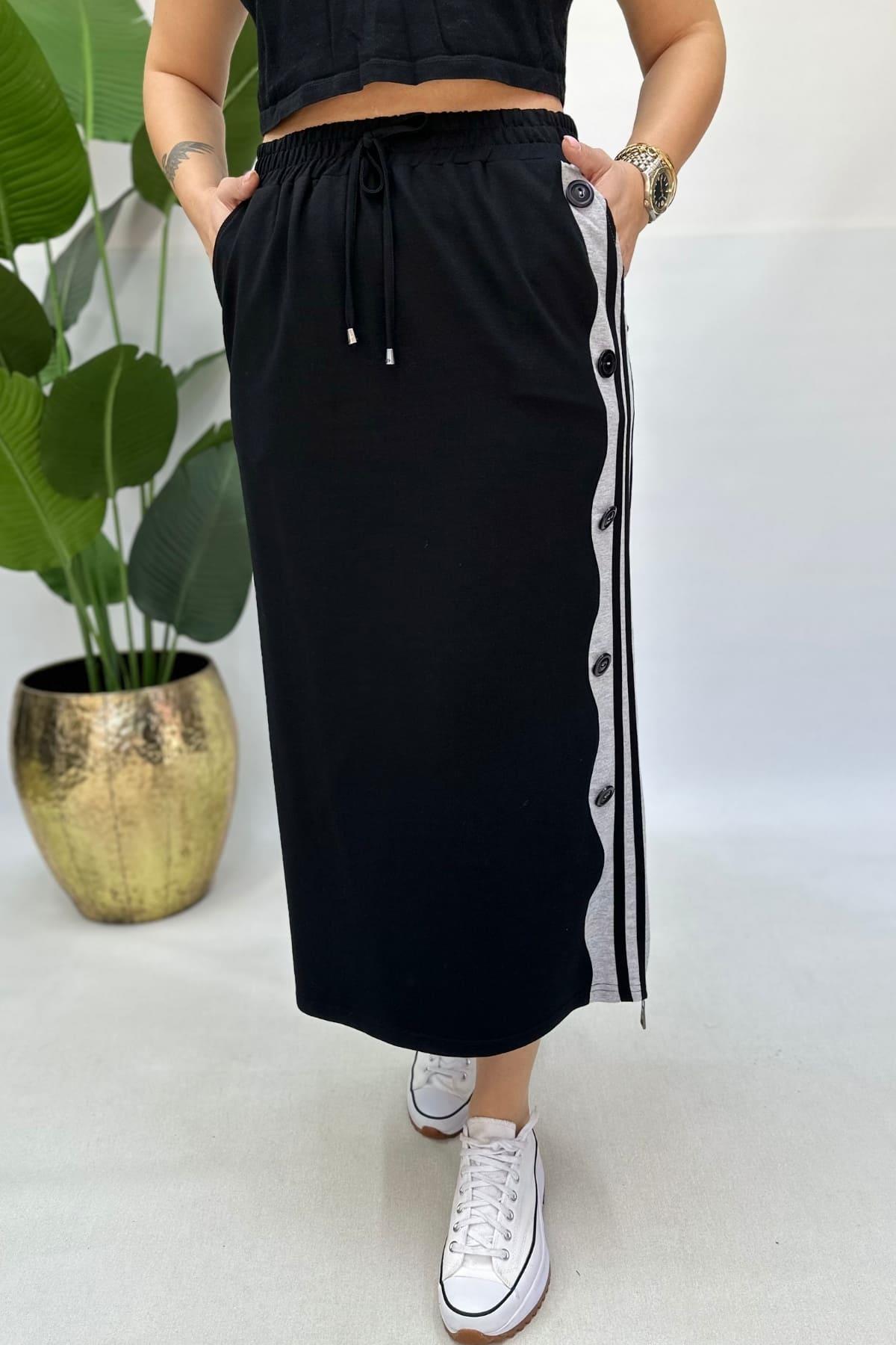DÜĞMELİ PAMUKLU ETEK -SİYAH