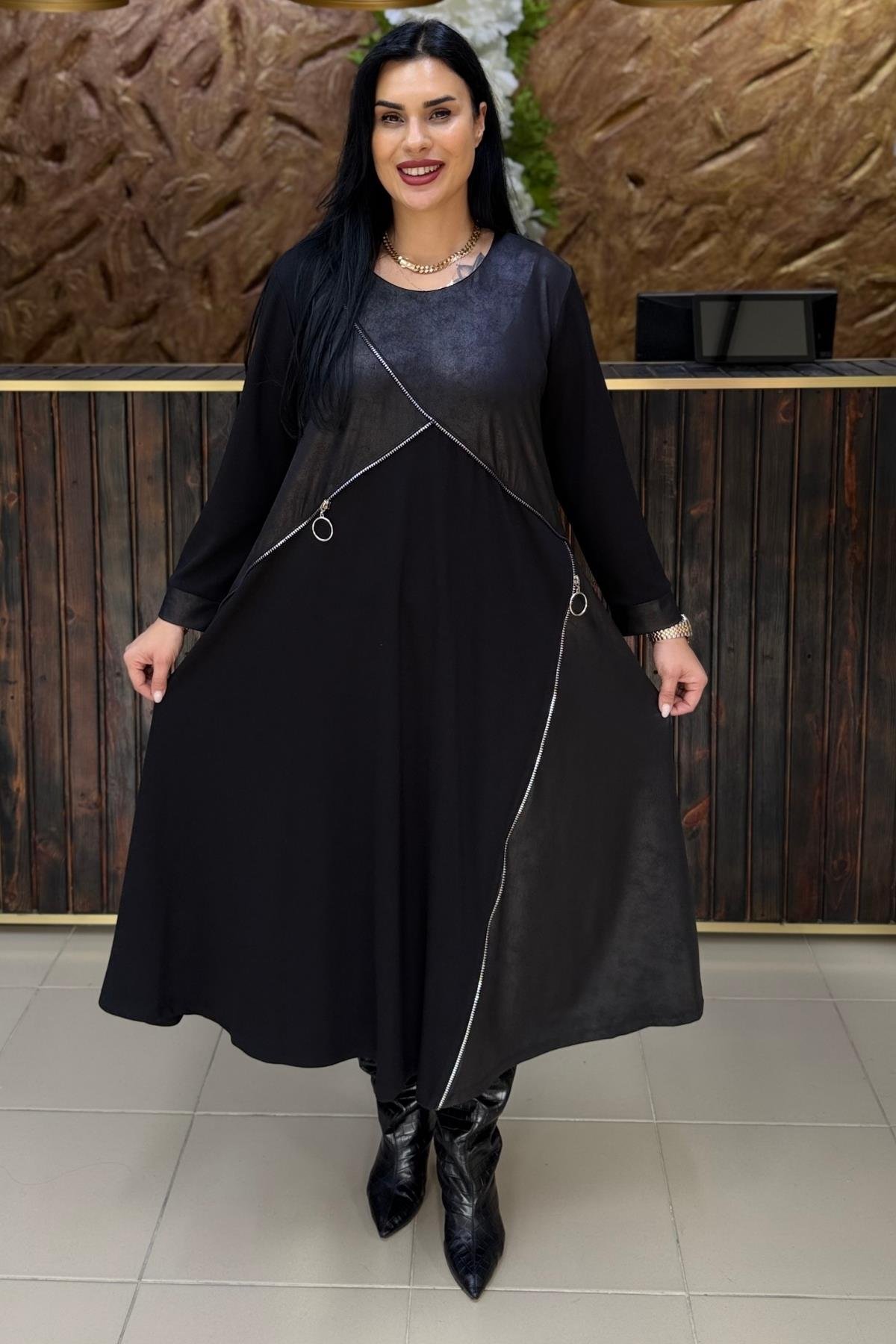 FERMUAR DETAYLI TASARIM BÜYÜK BEDEN ELBİSE