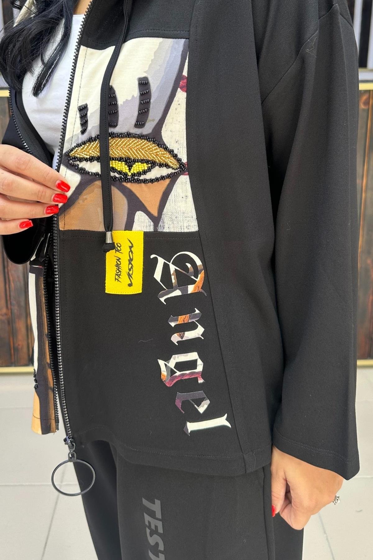 GÖZ DETAYLI BÜYÜK BEDEN TAKIM SİYAH